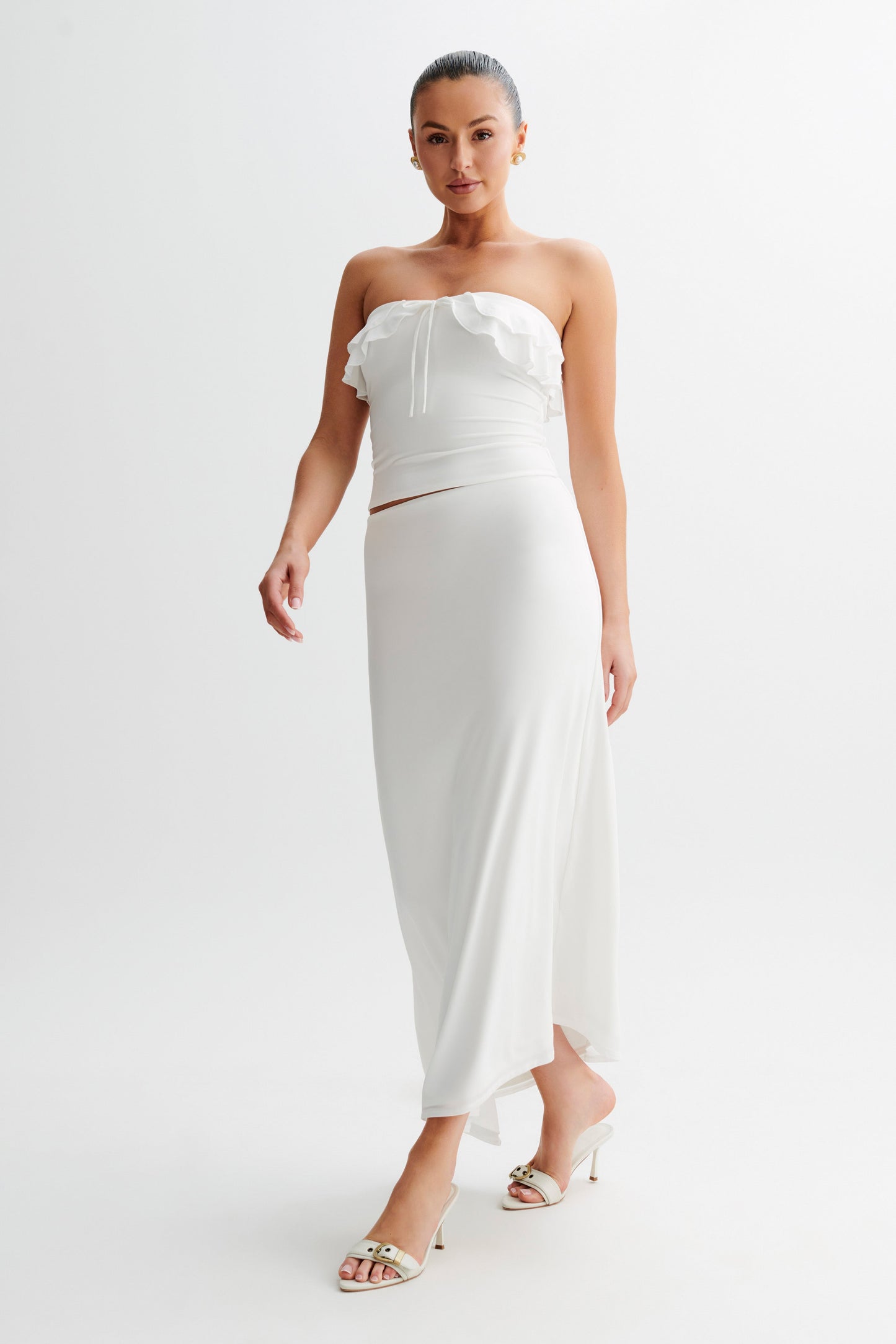 Bea Asymmetrical Slinky Maxi Skirt - White