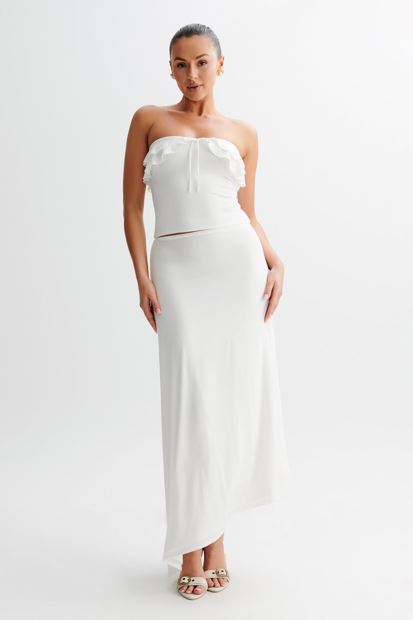 Bea Asymmetrical Slinky Maxi Skirt - White