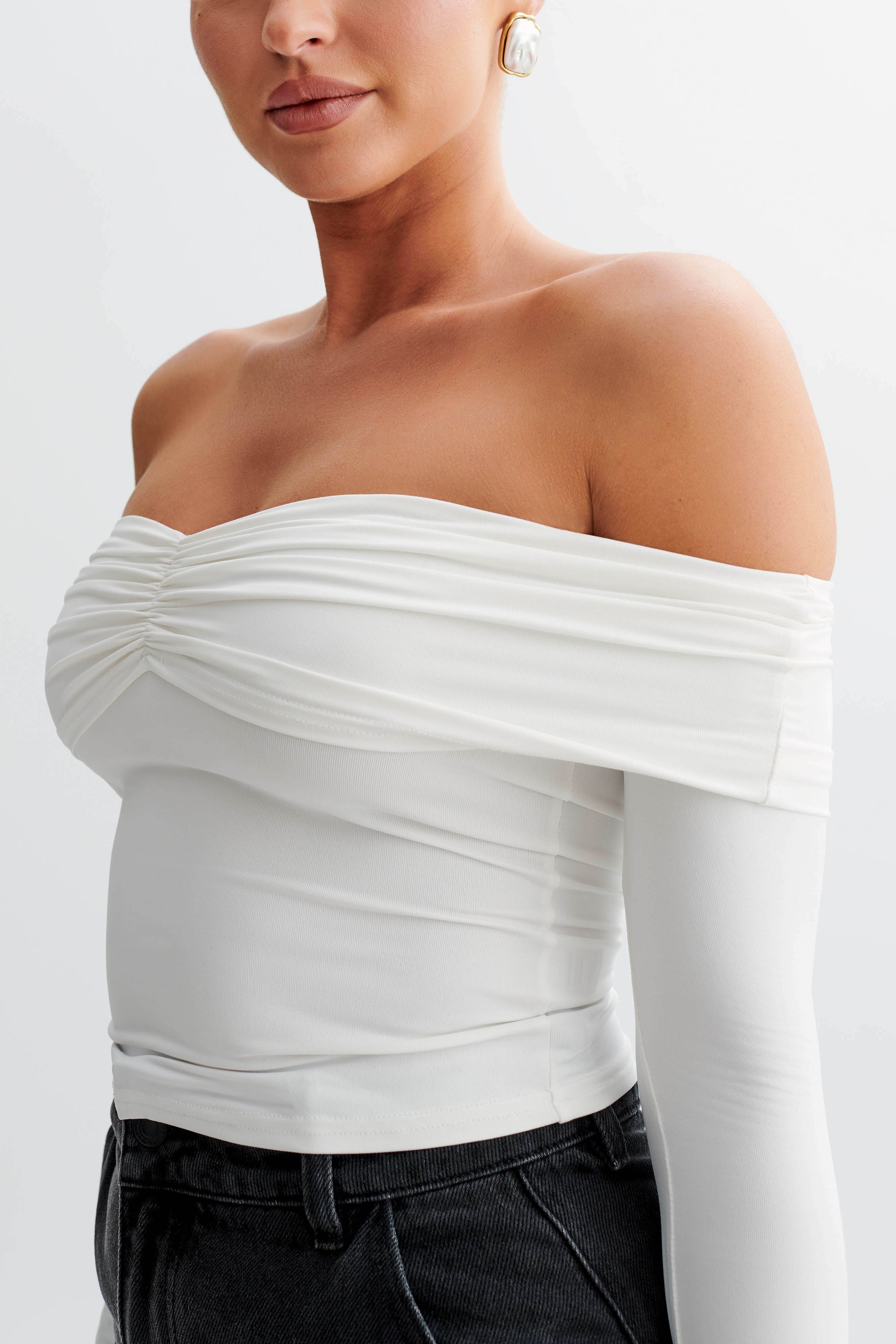 Prue Ruched Off Shoulder Long Sleeve Top - White #3