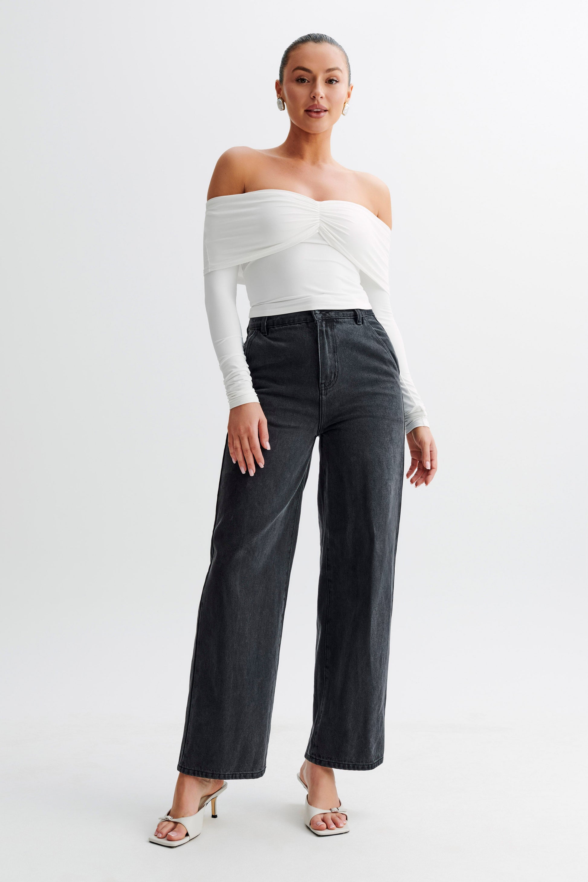 Prue Ruched Off Shoulder Long Sleeve Top - White #4