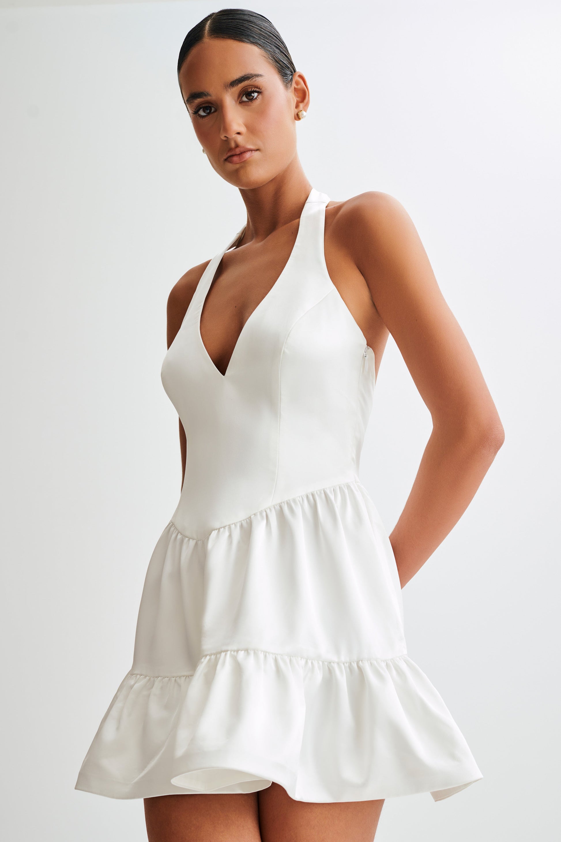 Holly Satin Structured Halter Mini Dress - White #10