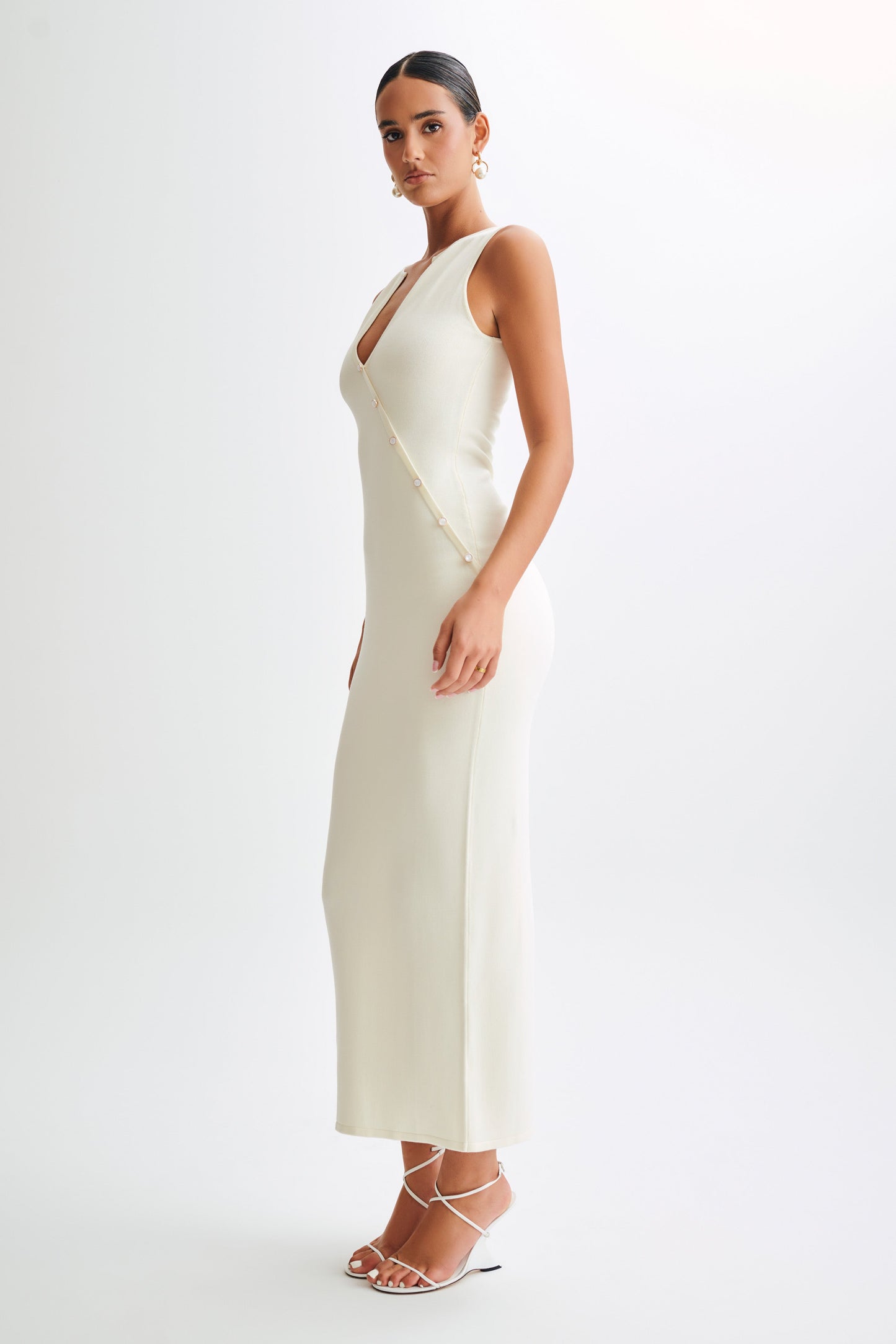 Marina Sleeveless Buttoned Knit Midi Dress - Ivory