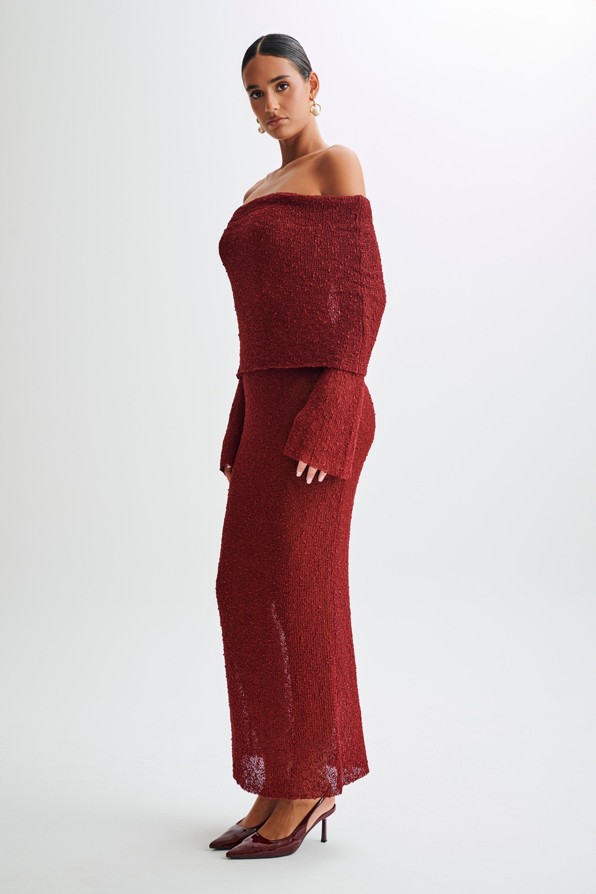 Marisol Off Shoulder Boucle Maxi Dress - Plum #7