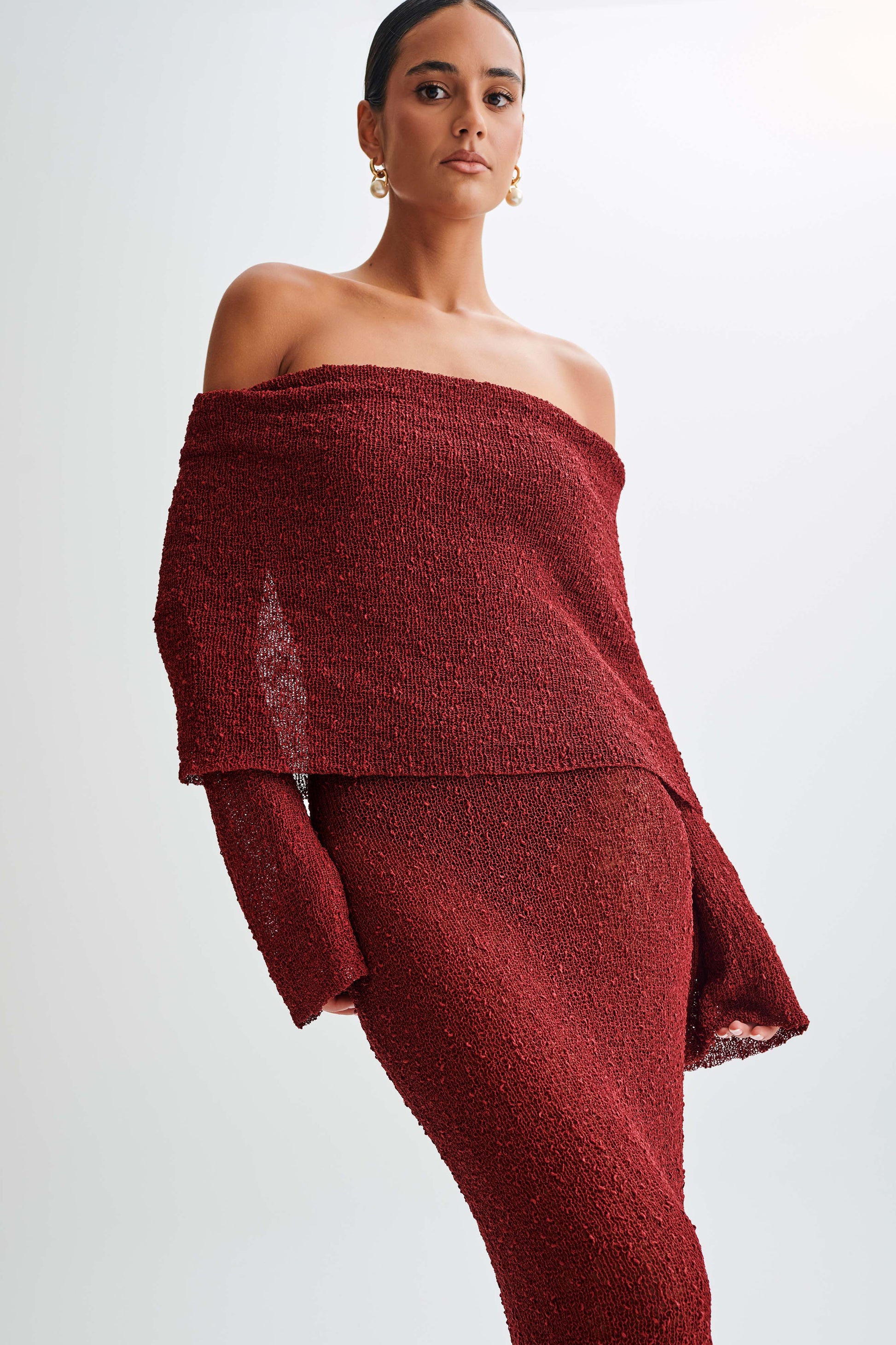 Marisol Off Shoulder Boucle Maxi Dress - Plum #8