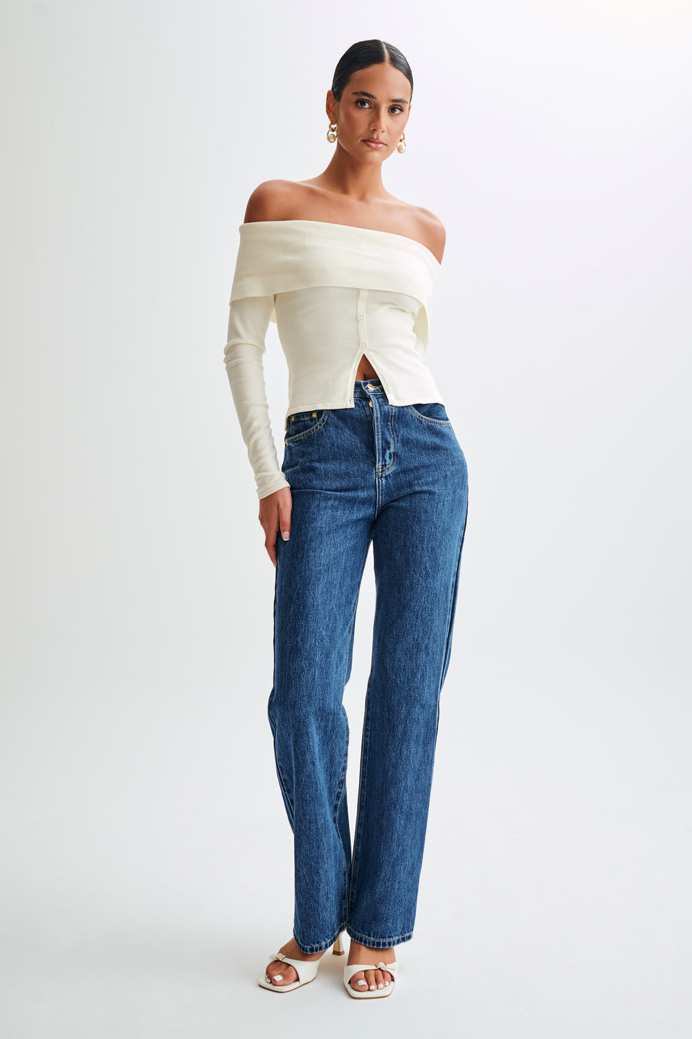 Diedre Buttoned Off Shoulder Knit Top - White