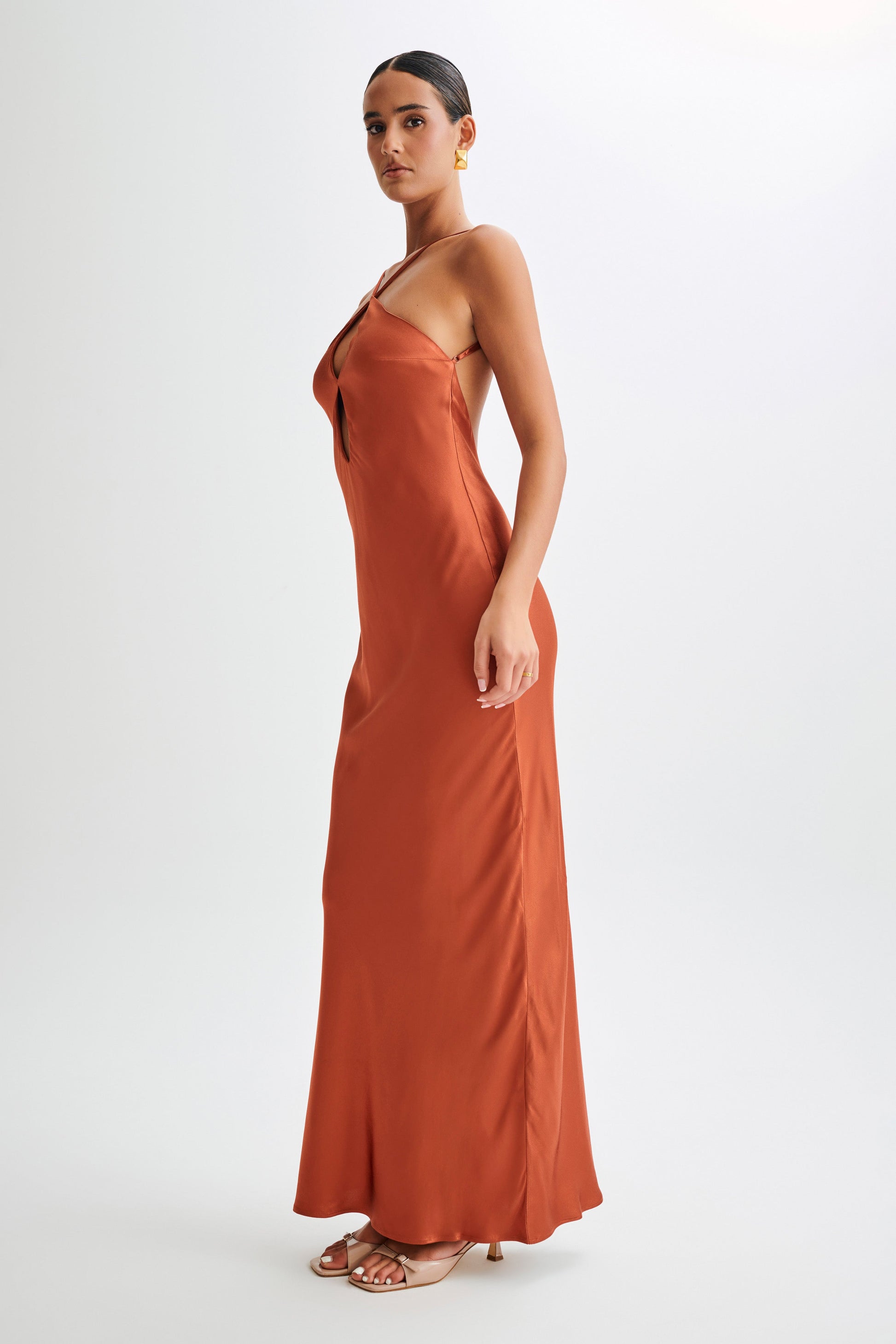Lucia Satin Cut Out Maxi Dress - Burnt Orange #4