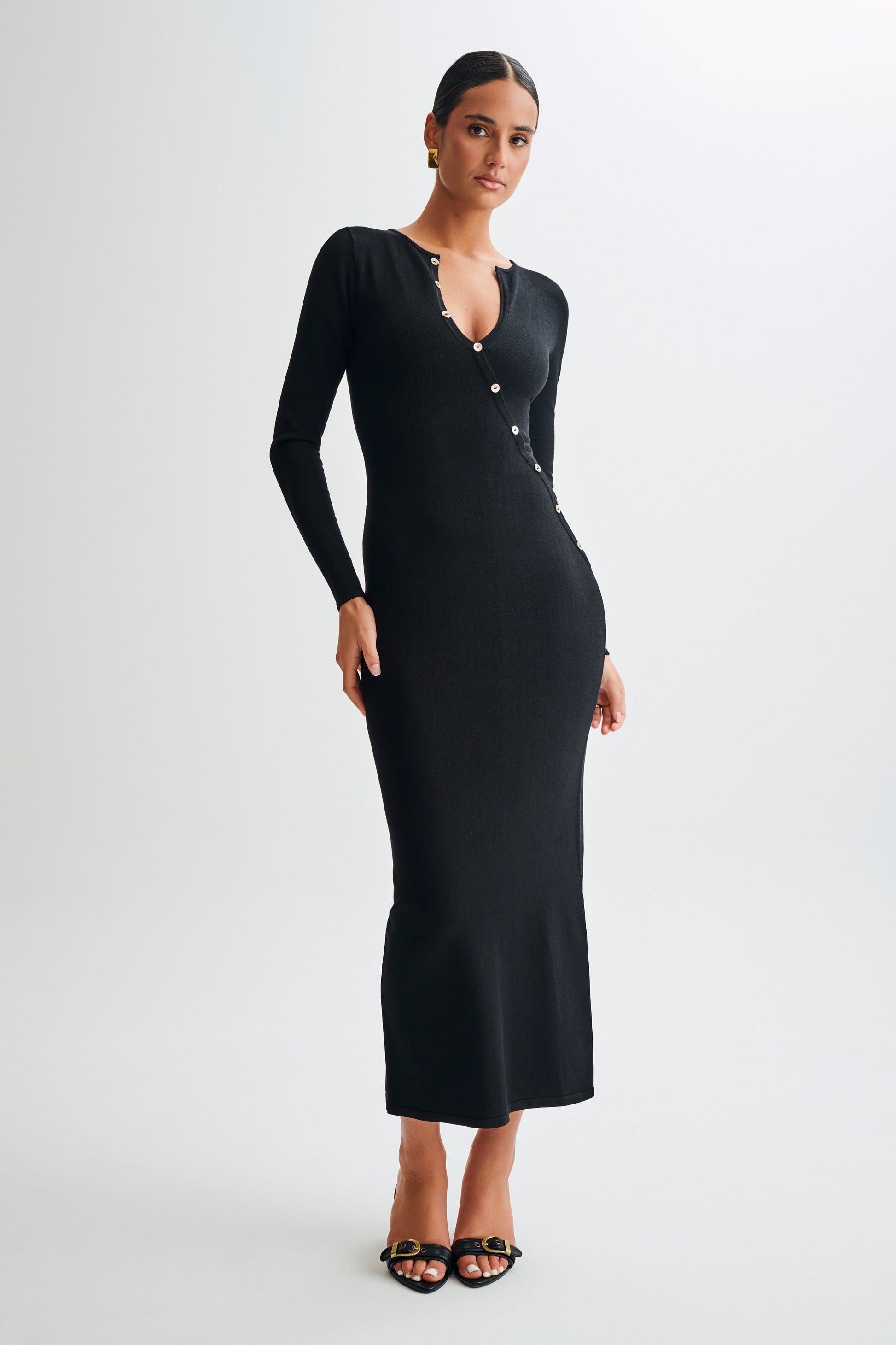 Maria Long Sleeve Buttoned Knit Maxi Dress - Black #2