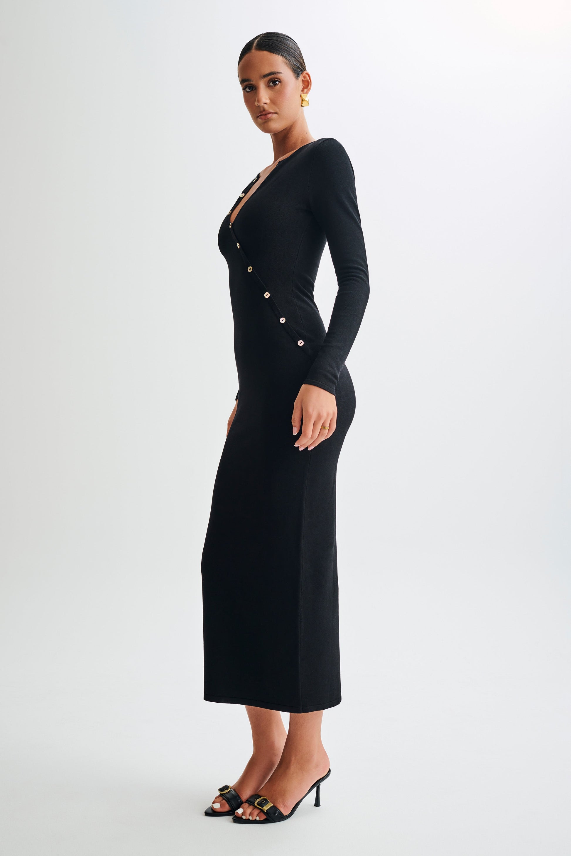 Maria Long Sleeve Buttoned Knit Maxi Dress - Black #5