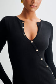 Maria Long Sleeve Buttoned Knit Maxi Dress - Black