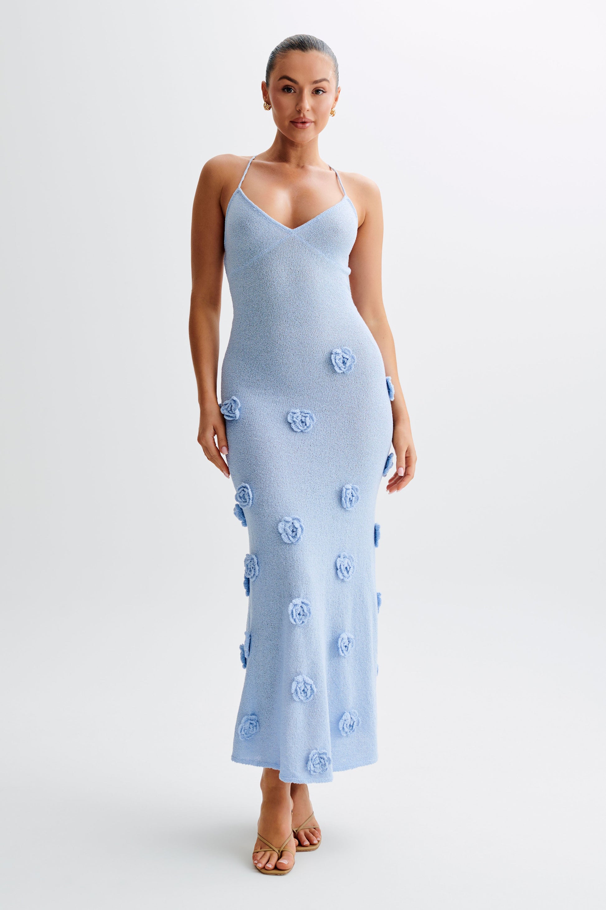 Suki Knit Maxi Dress With Flowers - Light Blue #2