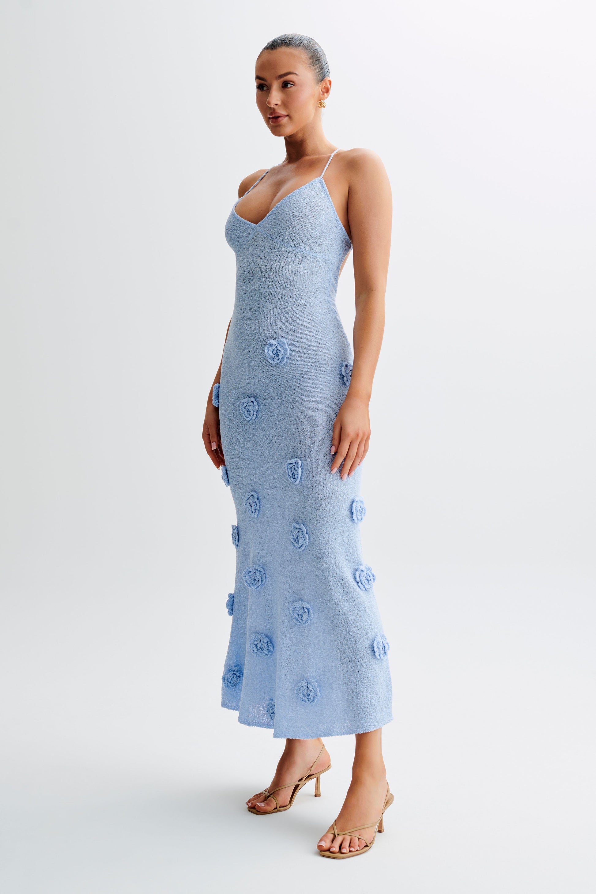 Suki Knit Maxi Dress With Flowers - Light Blue #5
