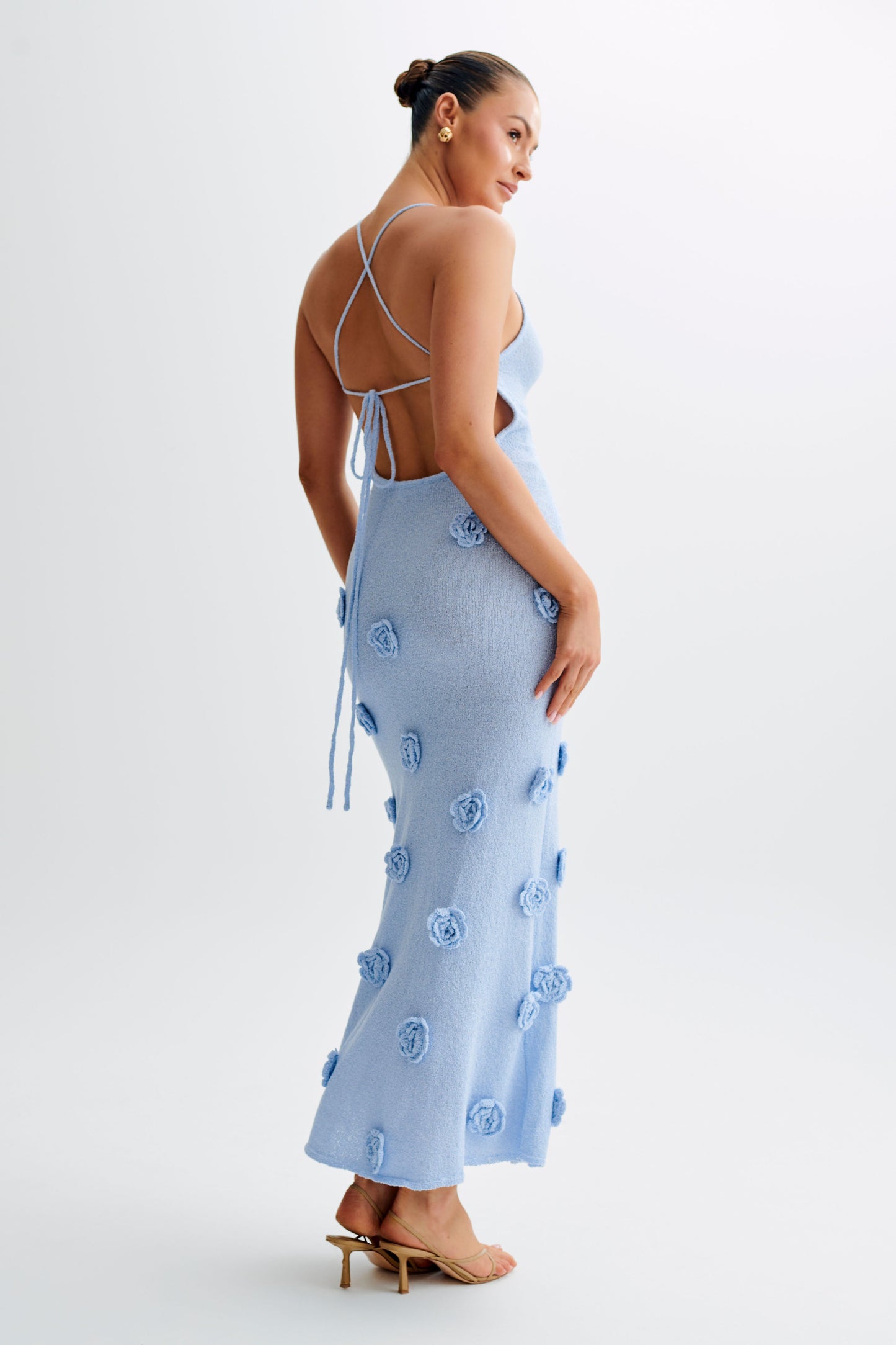 Suki Knit Maxi Dress With Flowers - Light Blue