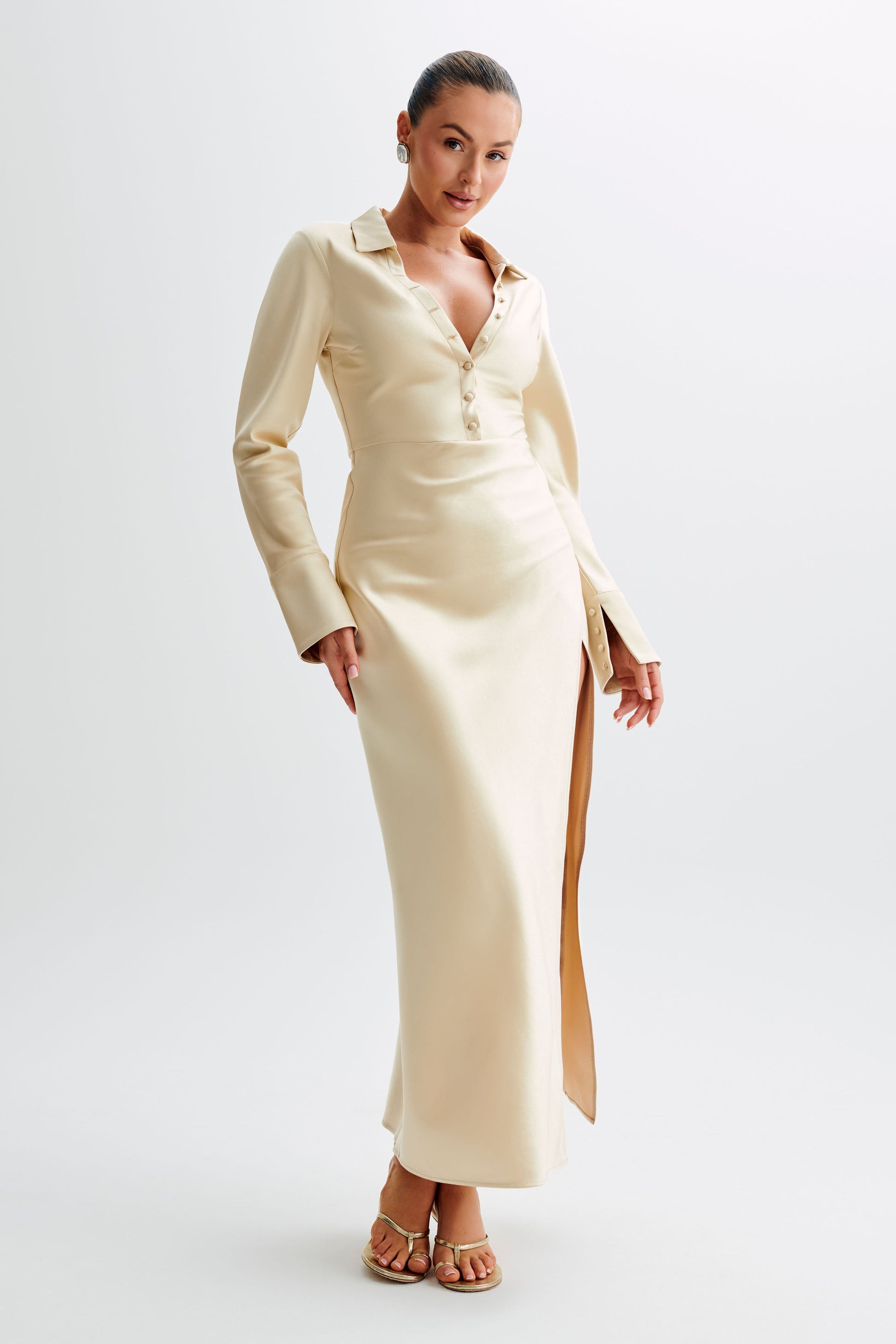 Whitley Satin Collared Maxi Dress - Gold #2