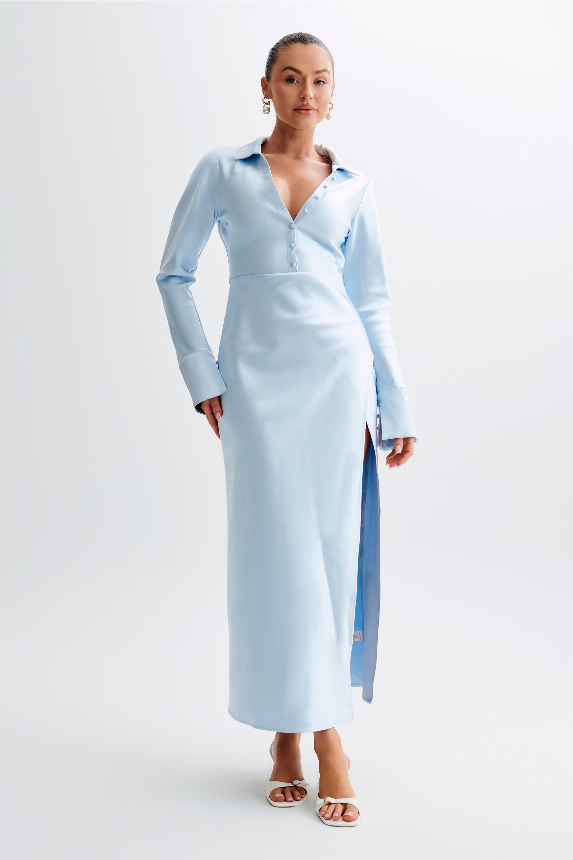 Whitley Satin Collared Maxi Dress - Ice Blue #6