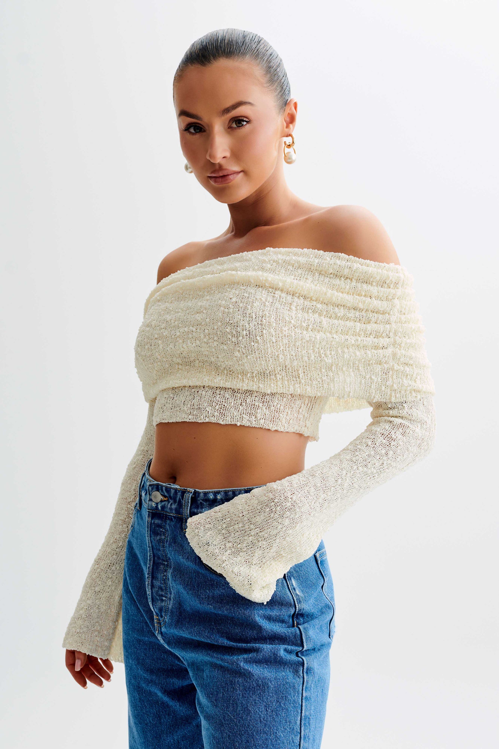 Marisol Off Shoulder Boucle Top - Ivory #7