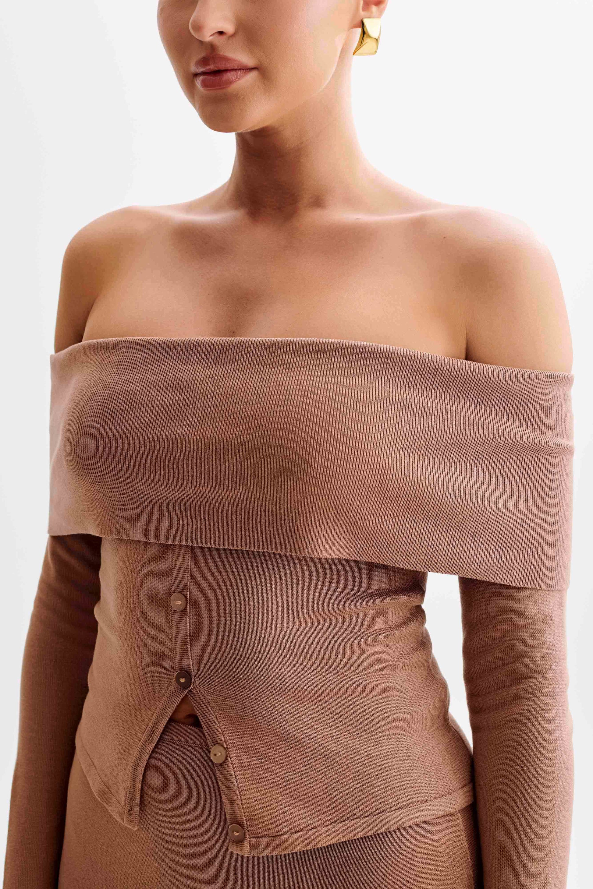 Diedre Buttoned Off Shoulder Knit Top - Pecan #12
