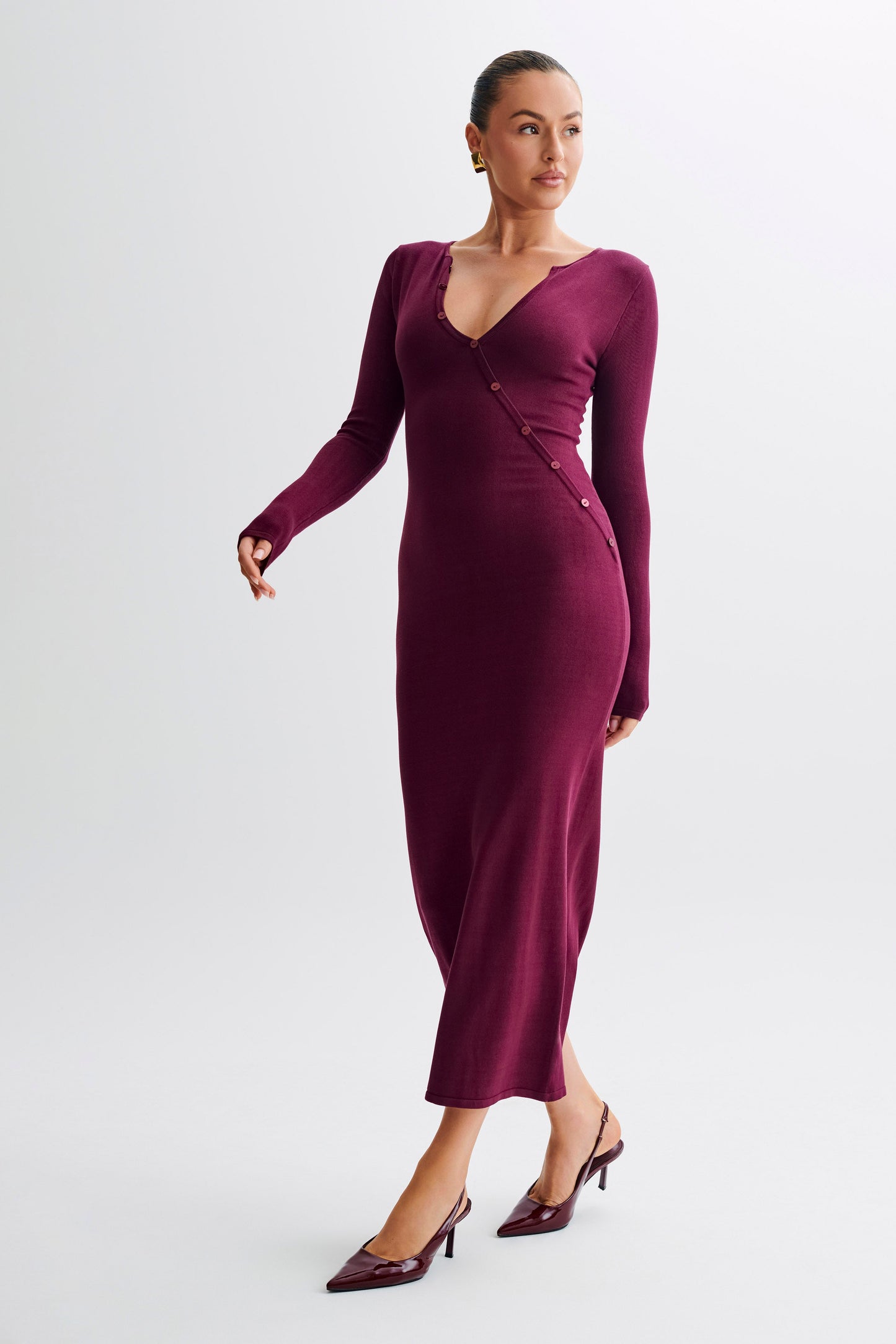 Maria Long Sleeve Buttoned Knit Maxi Dress - Plum