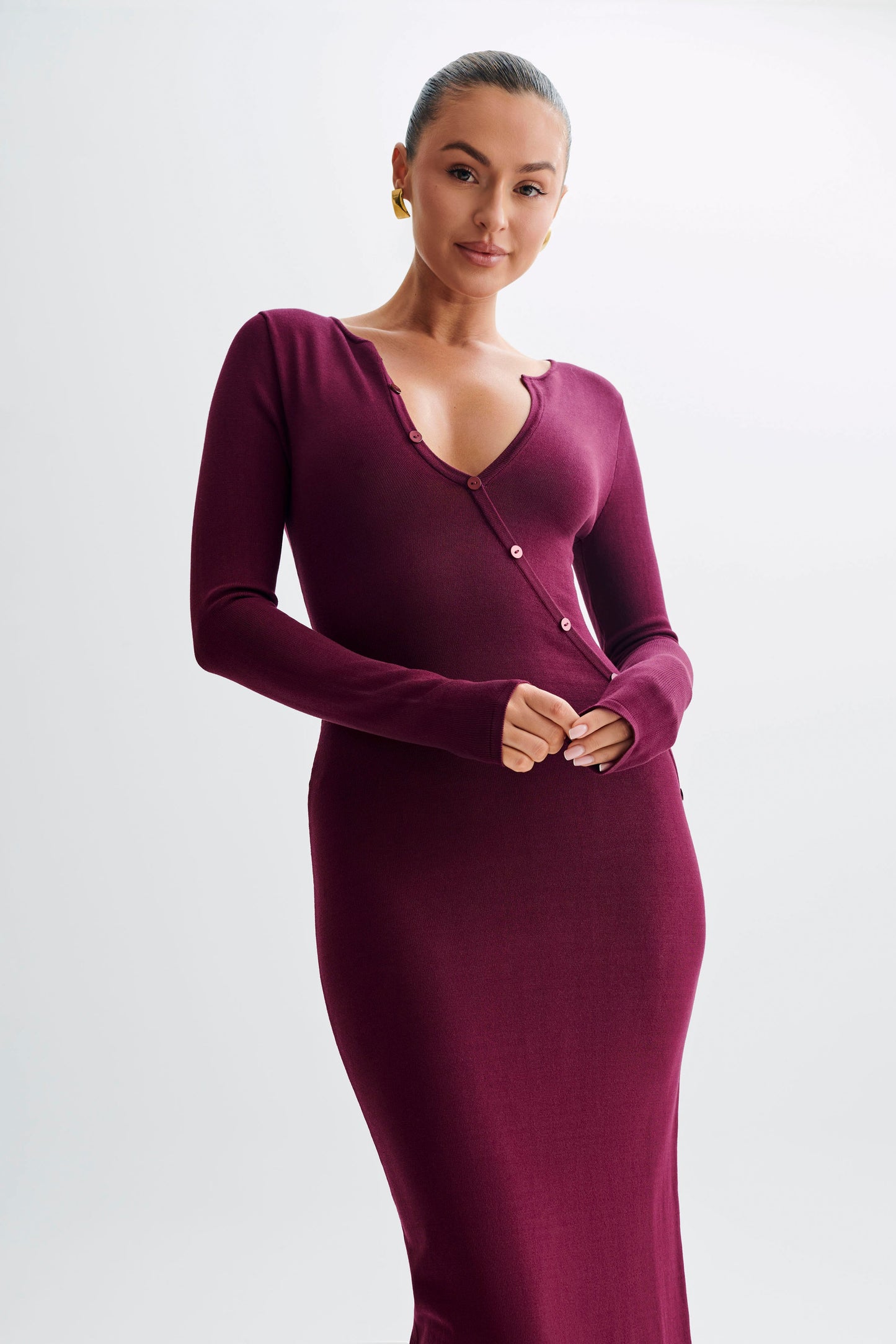 Maria Long Sleeve Buttoned Knit Maxi Dress - Plum