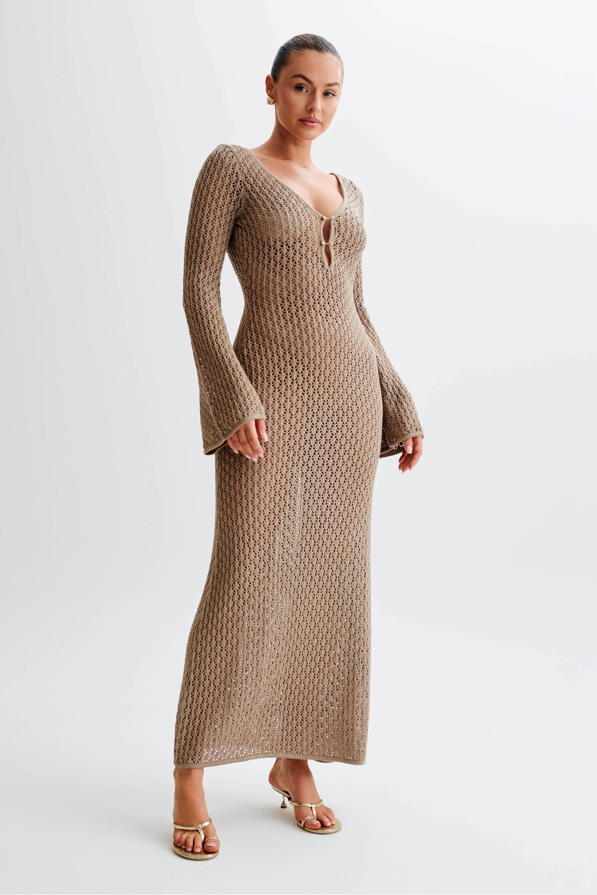 Kayleigh Crochet Fishtail Flare Sleeve Maxi Dress - Taupe #5