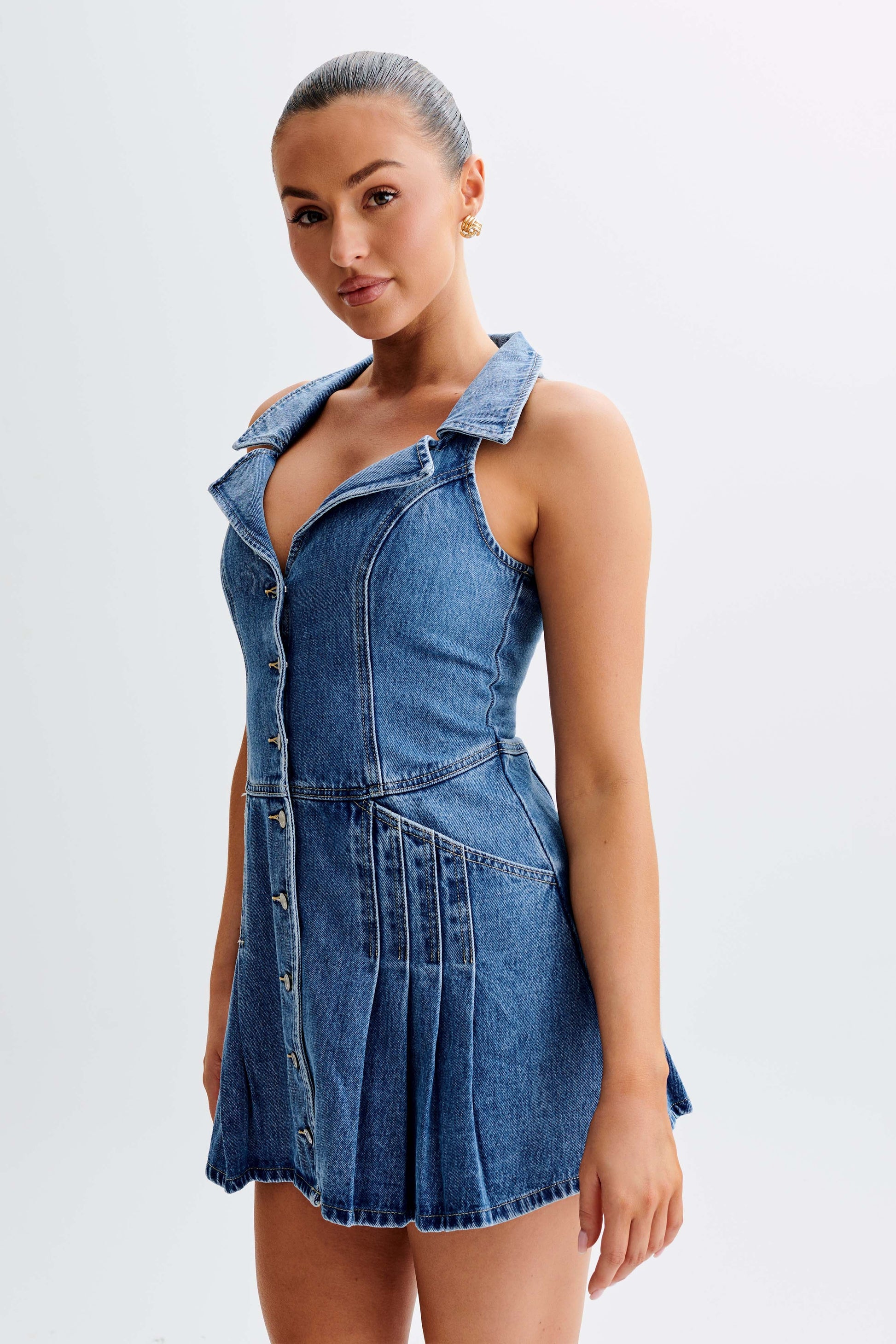 Porter Collared Denim Mini Dress - 70'S Blue #7