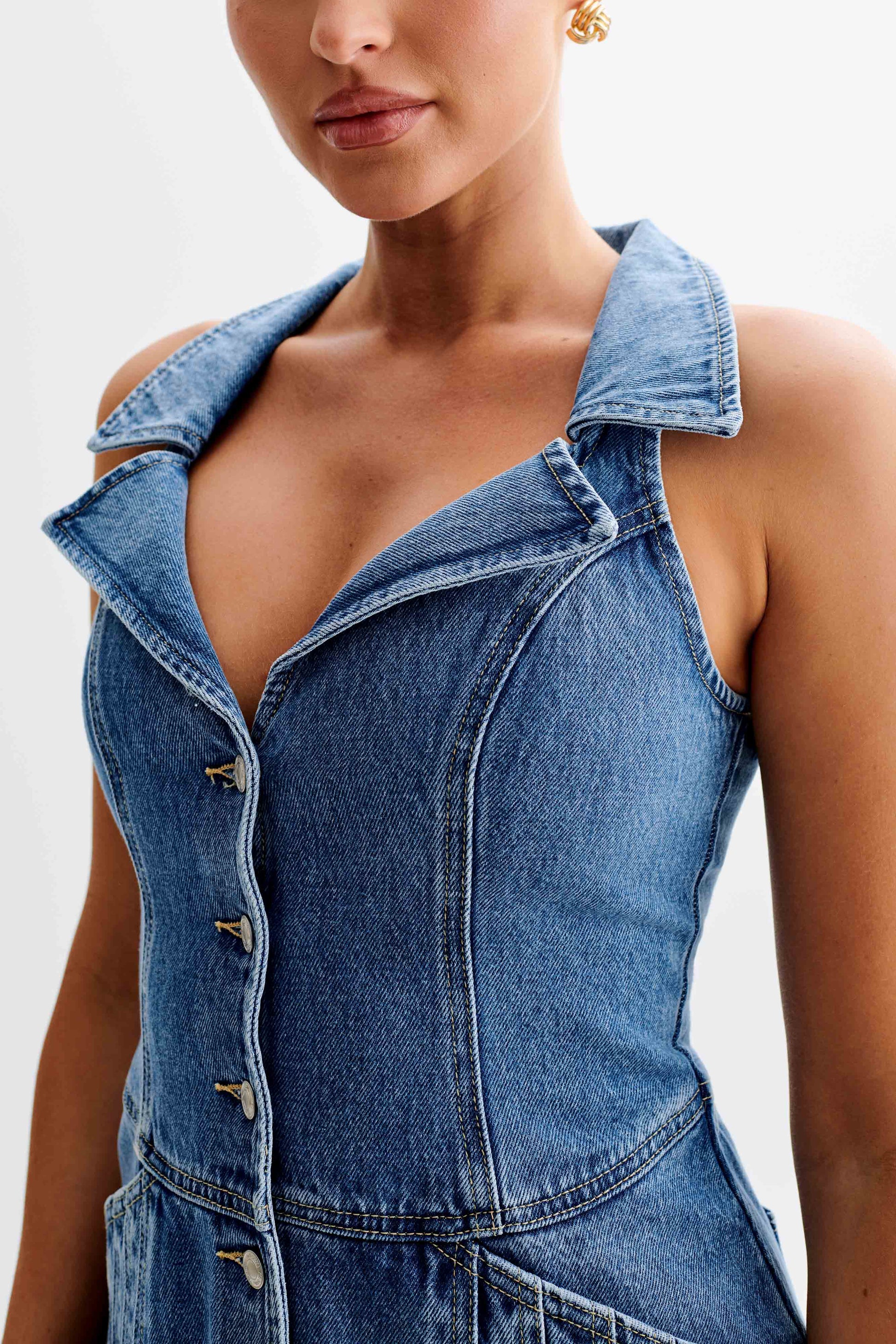 Porter Collared Denim Mini Dress - 70'S Blue #4