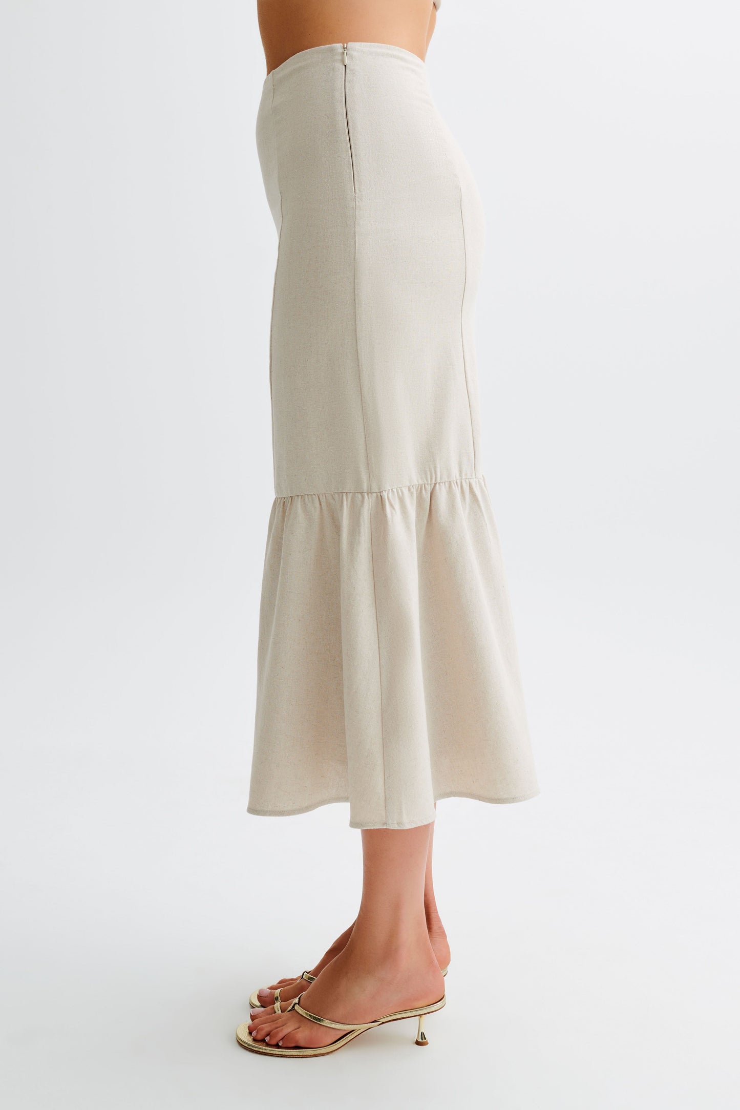 Venezia Linen Midi Skirt With Ruffle - Natural