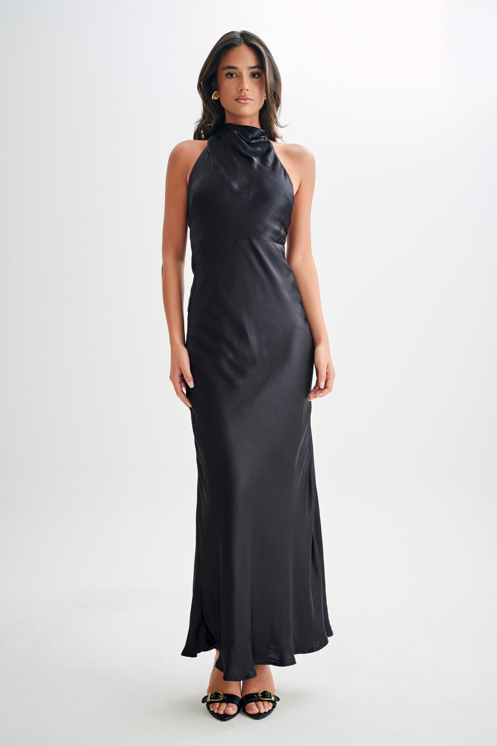 Esther Iridescent Satin Cowl Maxi Dress - Black