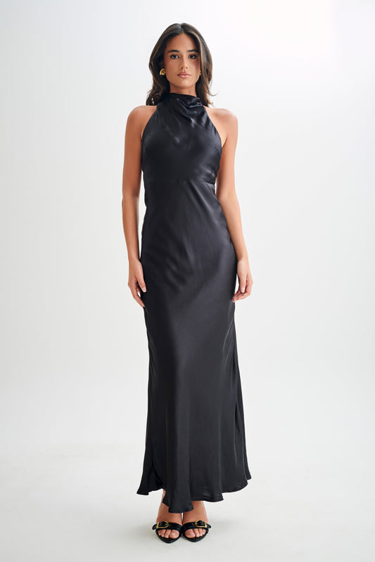 Esther Iridescent Satin Cowl Maxi Dress - Black