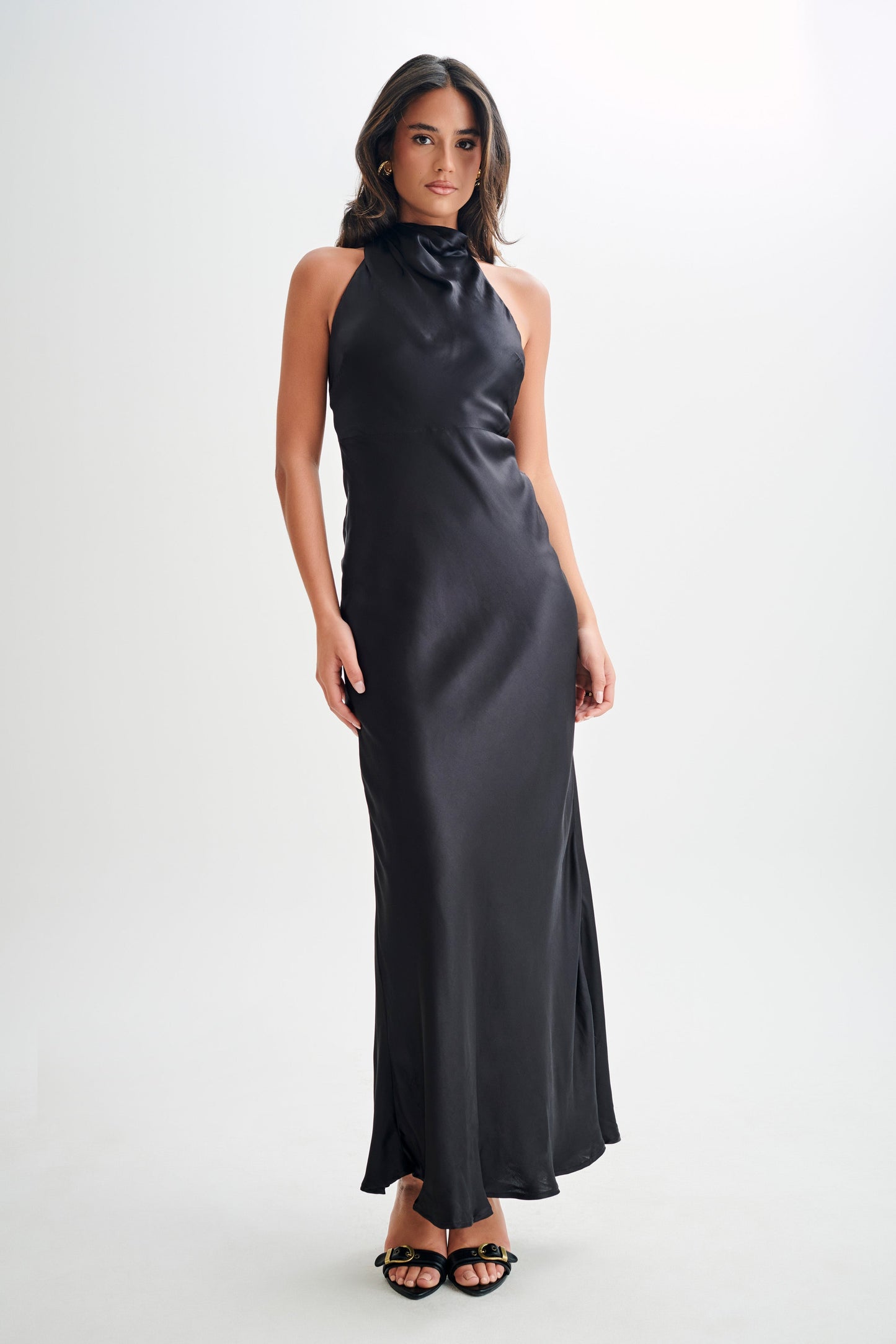 Esther Iridescent Satin Cowl Maxi Dress - Black