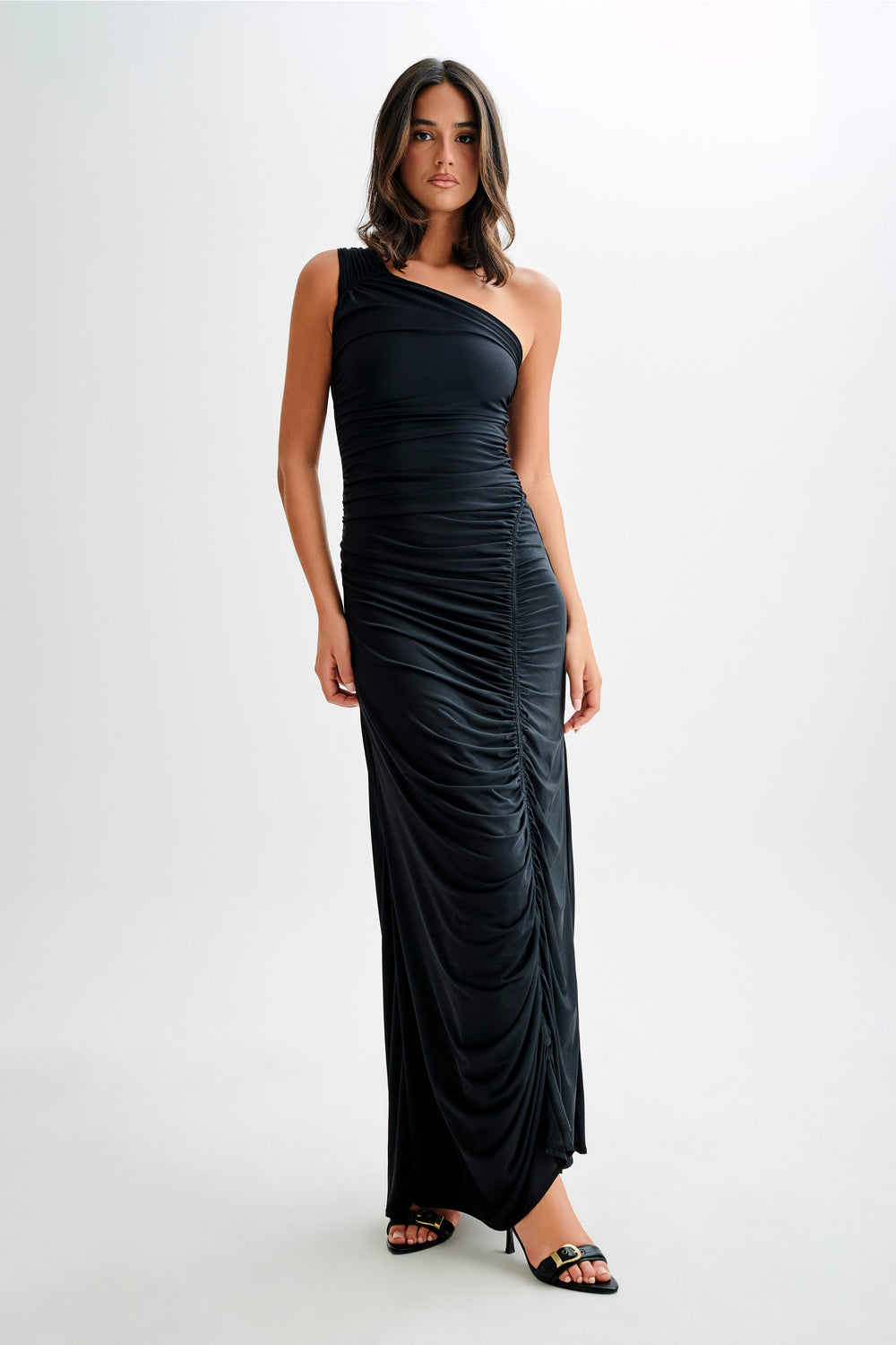 Capri Gathered Slinky Maxi Dress - Black