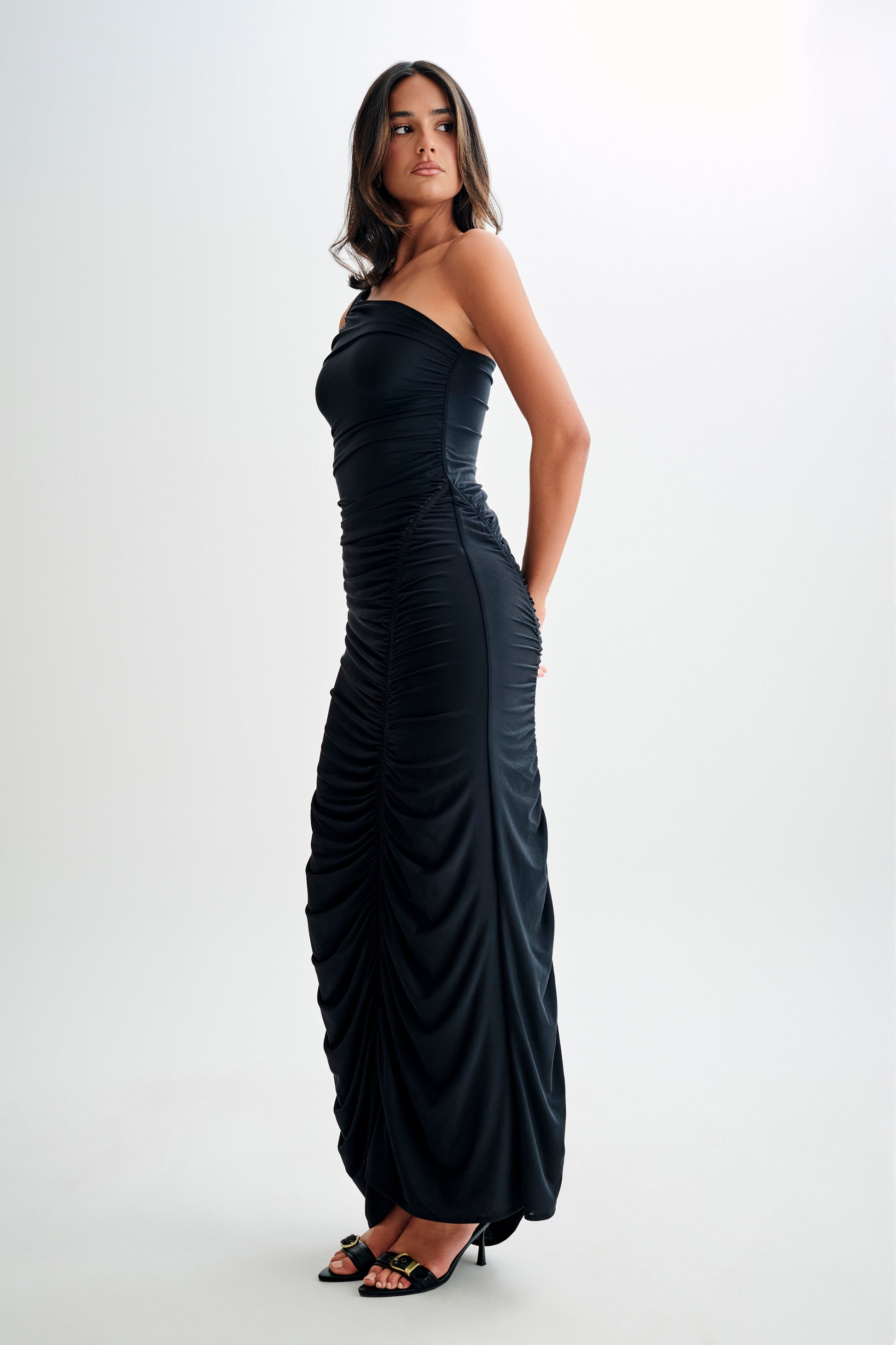 Capri Gathered Slinky Maxi Dress - Black #5