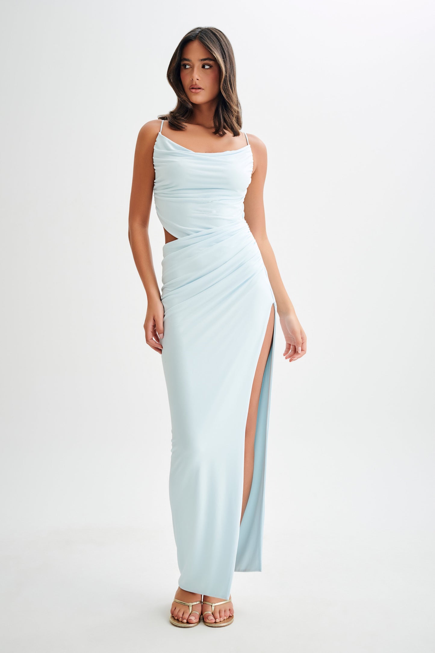 Jemma Draped Slinky Maxi Dress - Sky Blue