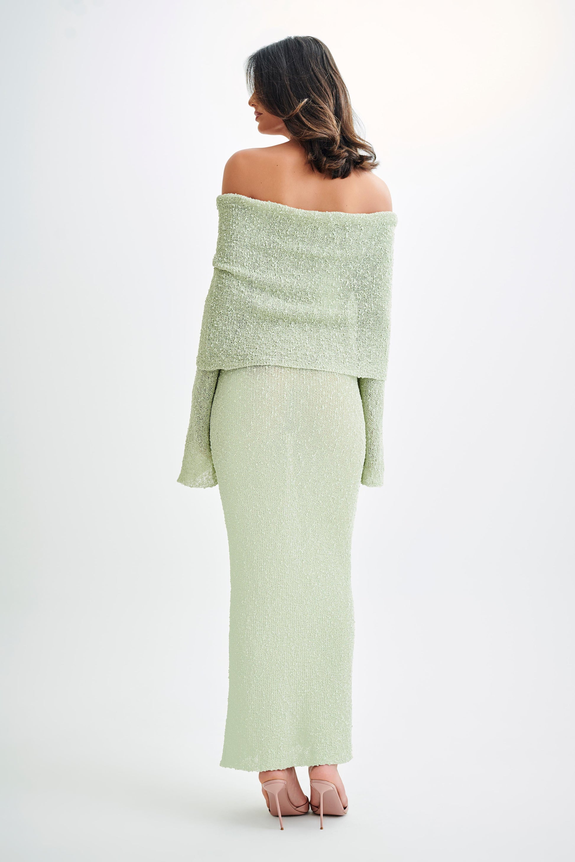 Marisol Off Shoulder Boucle Maxi Dress - Pastel Green #2