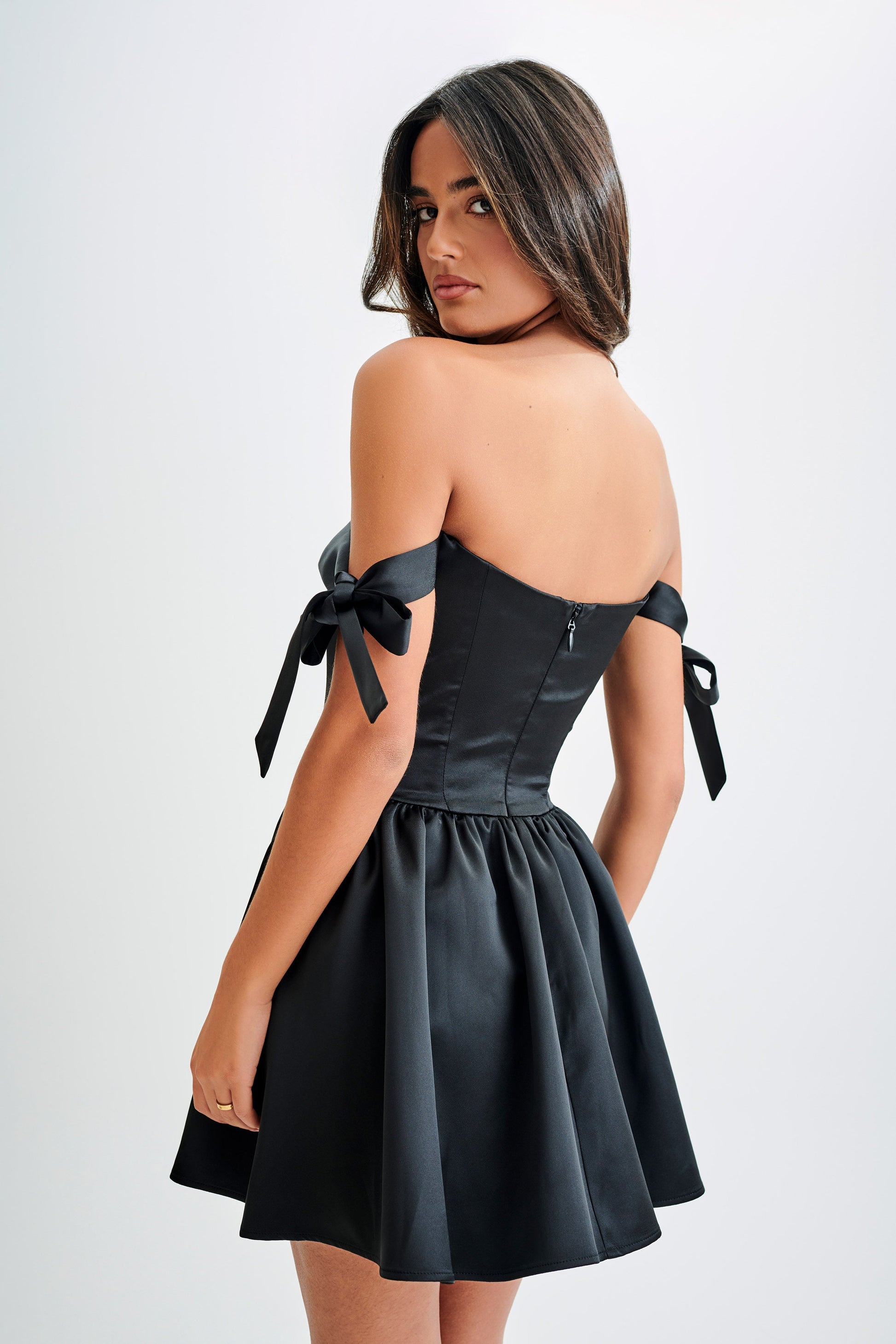Rita Satin Mini Dress With Bow Sleeves - Black #3