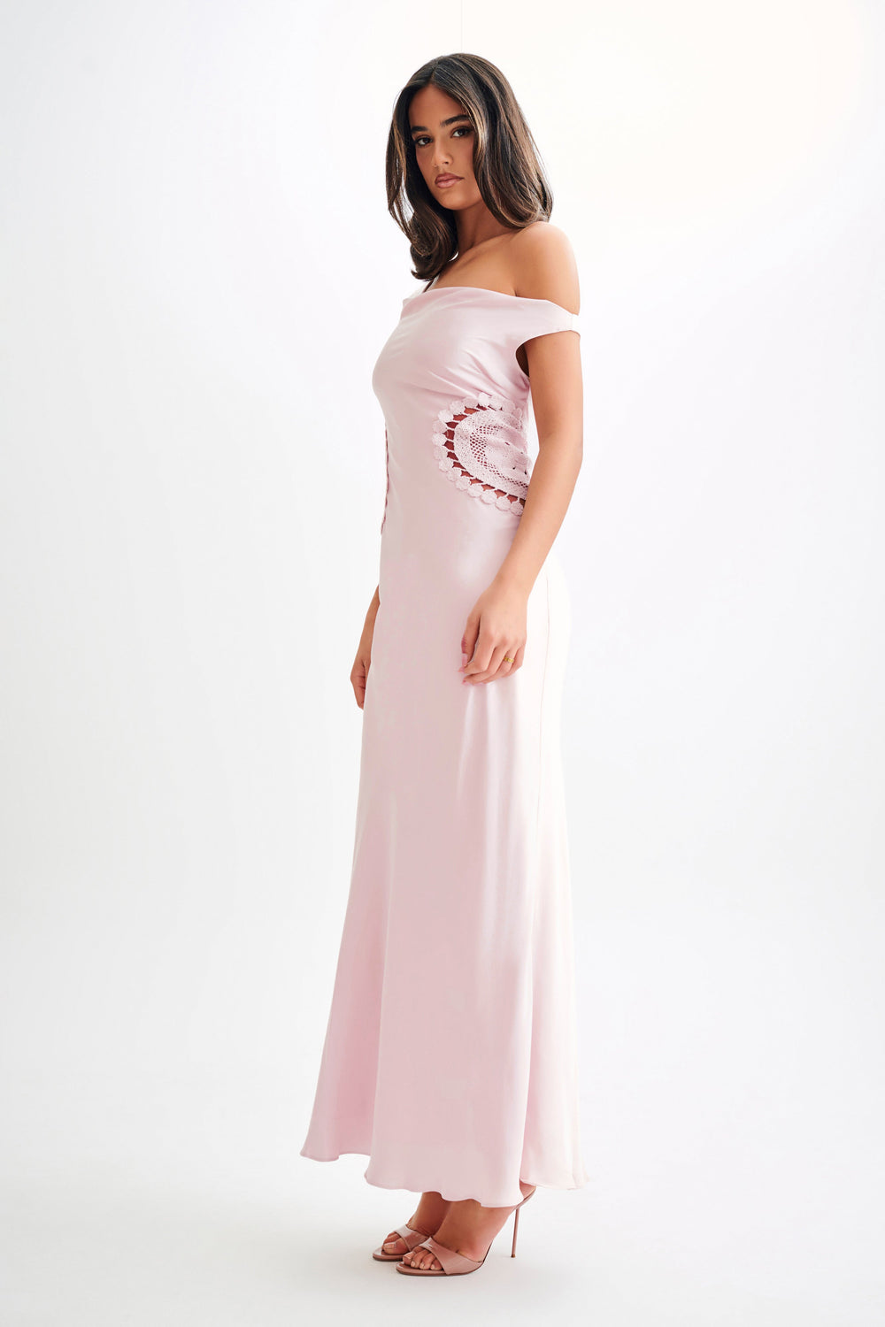 Kristina Satin Maxi Dress With Crochet - Pale Pink