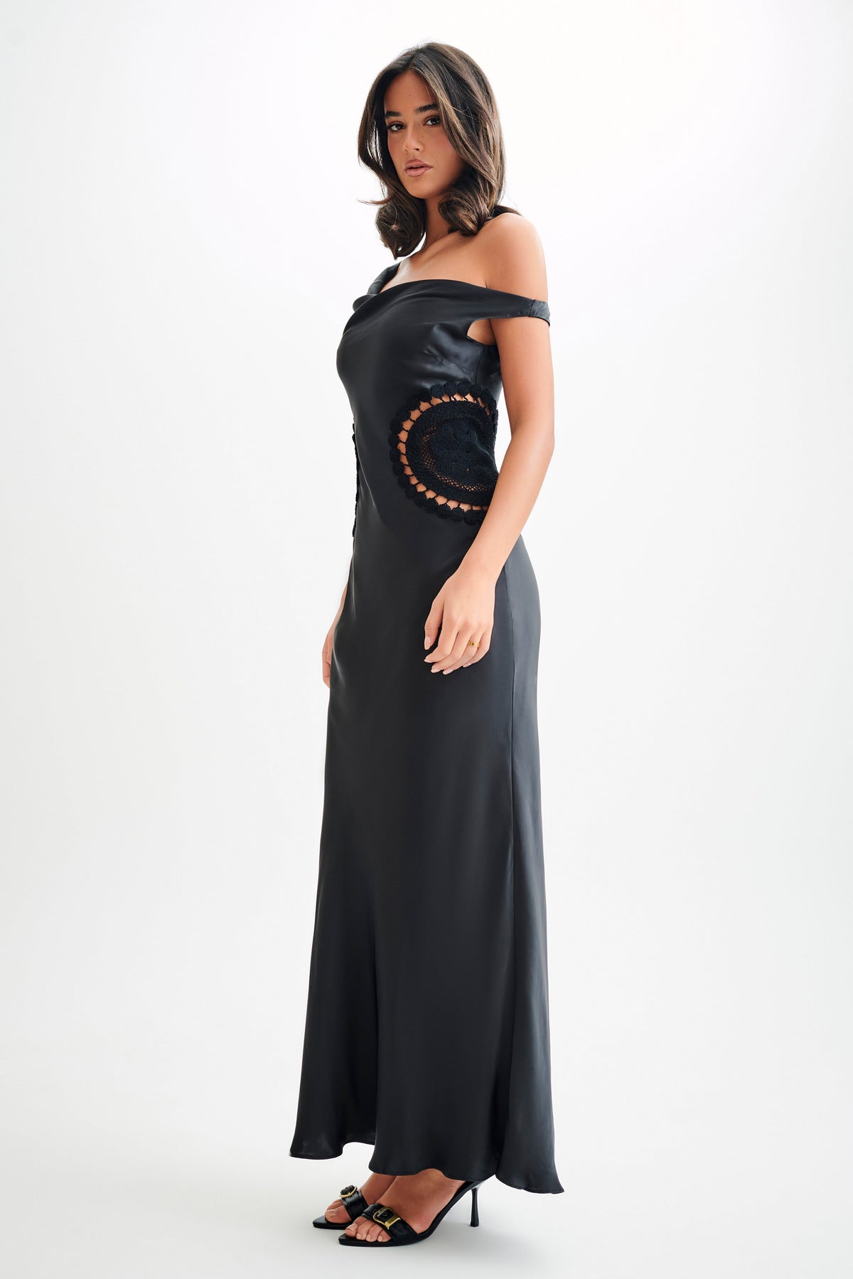Kristina Satin Maxi Dress With Crochet - Black #4