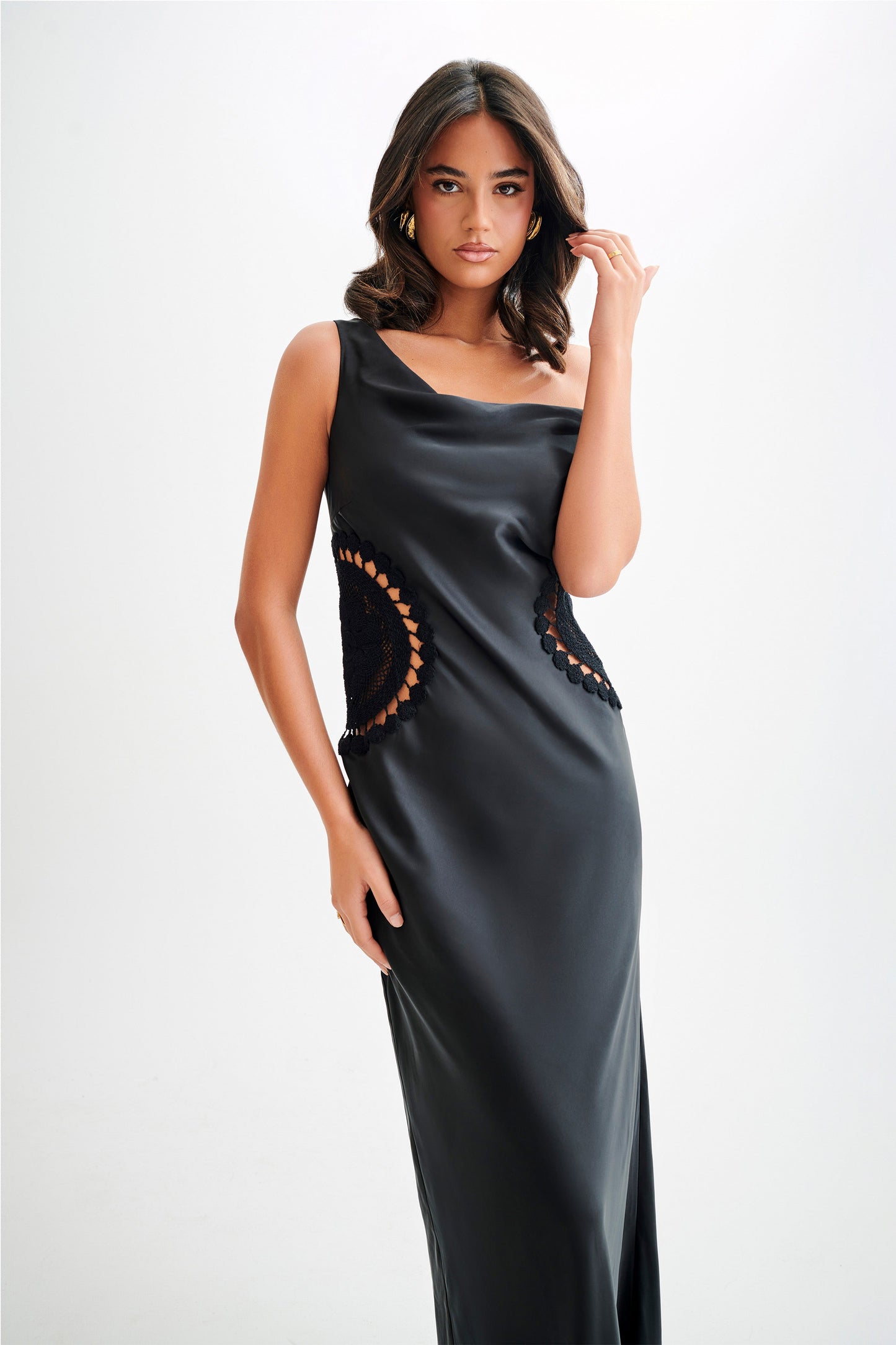 Kristina Satin Maxi Dress With Crochet - Black