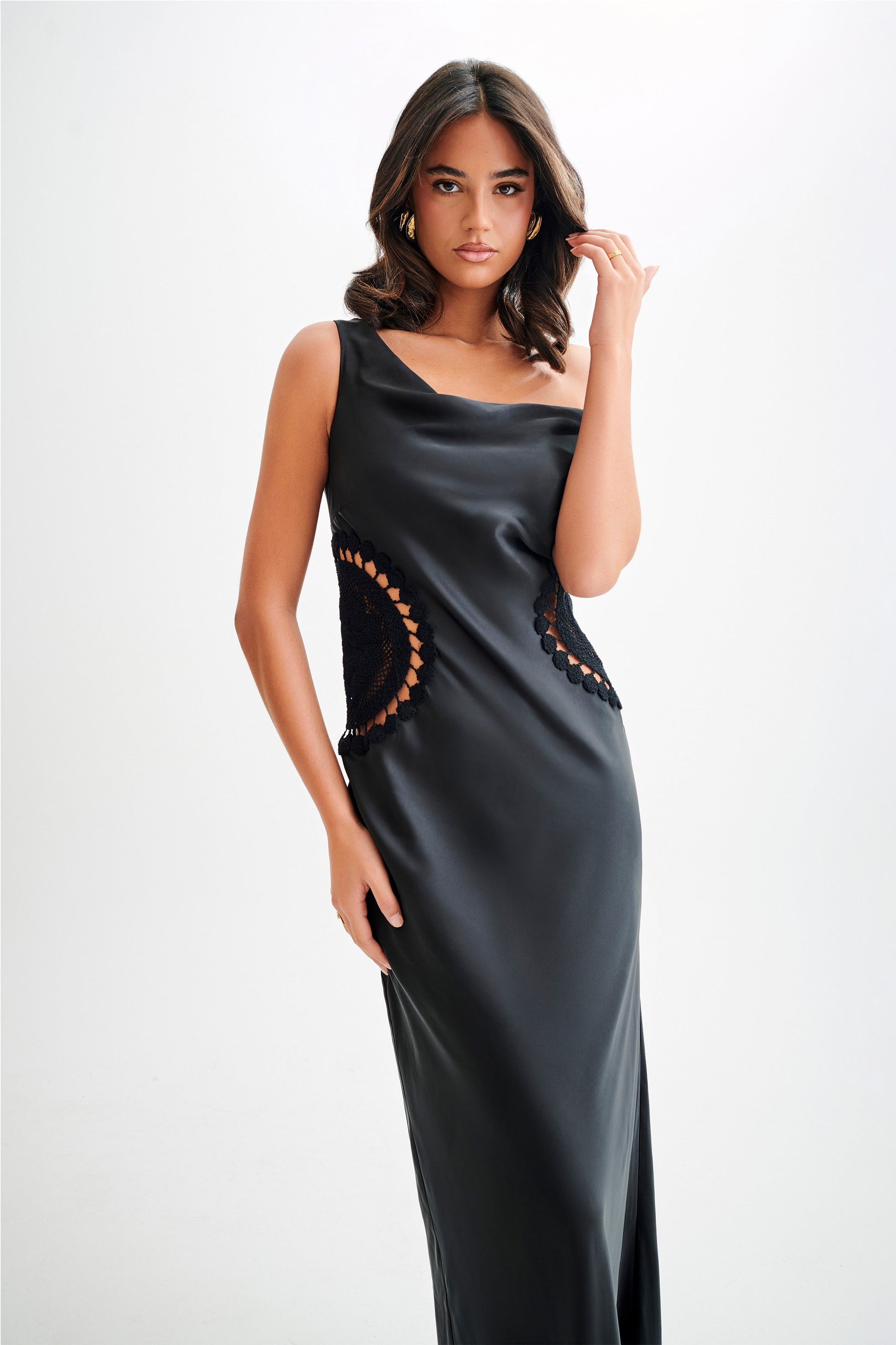 Kristina Satin Maxi Dress With Crochet - Black #5