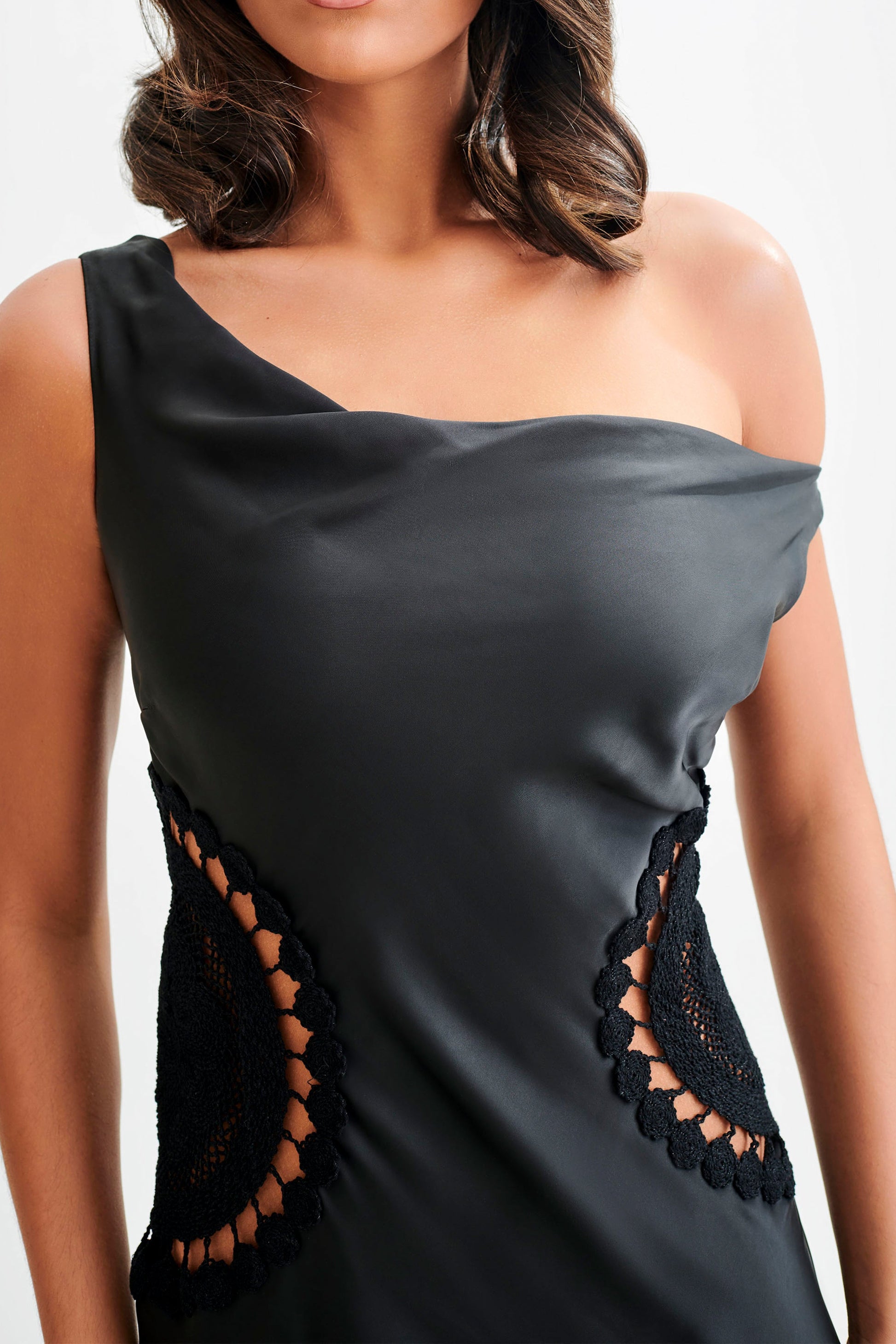Kristina Satin Maxi Dress With Crochet - Black #3