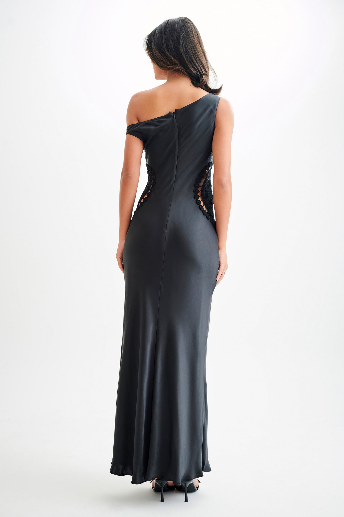 Kristina Satin Maxi Dress With Crochet - Black