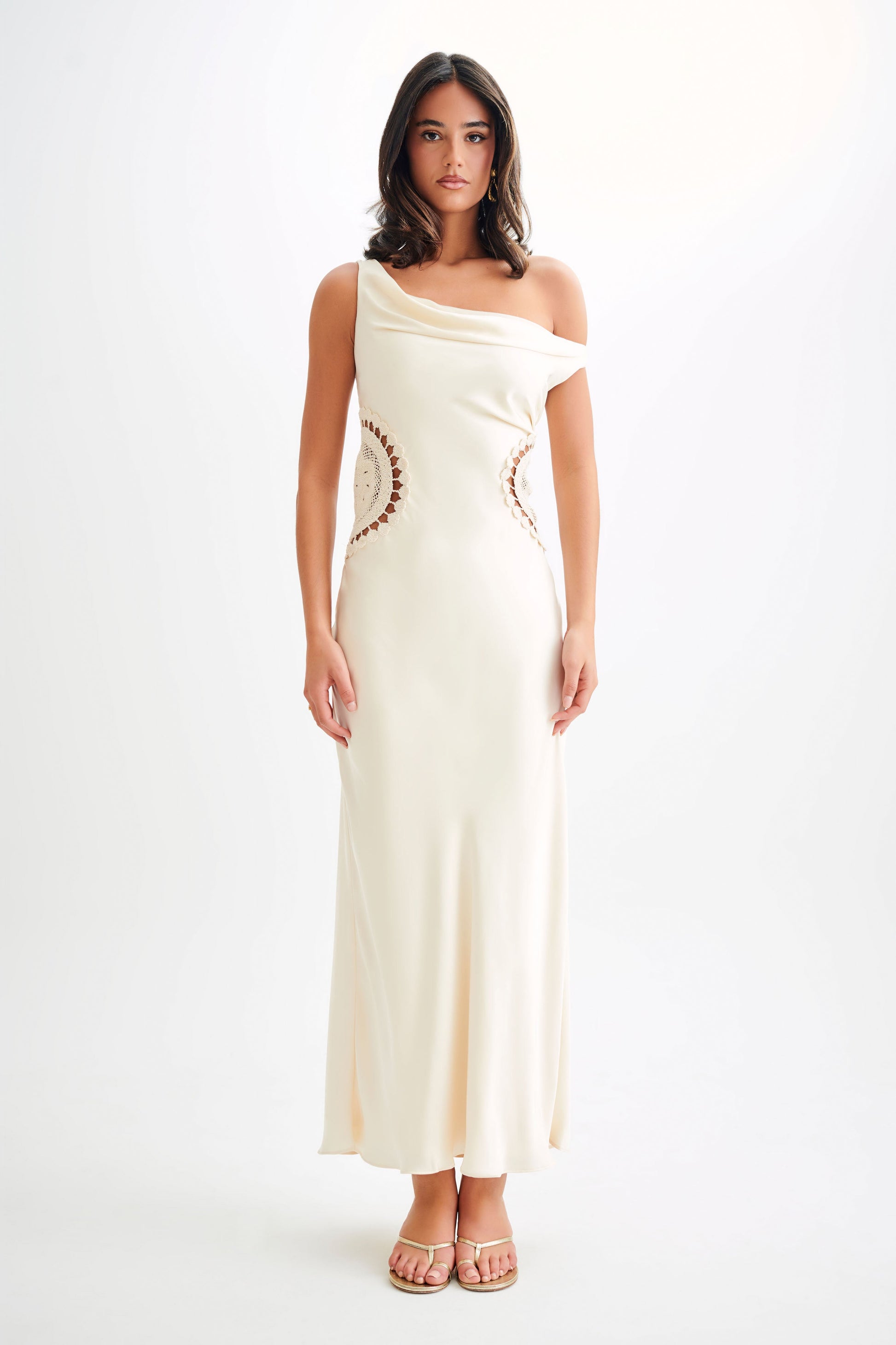 Kristina Satin Maxi Dress With Crochet - Ivory #5