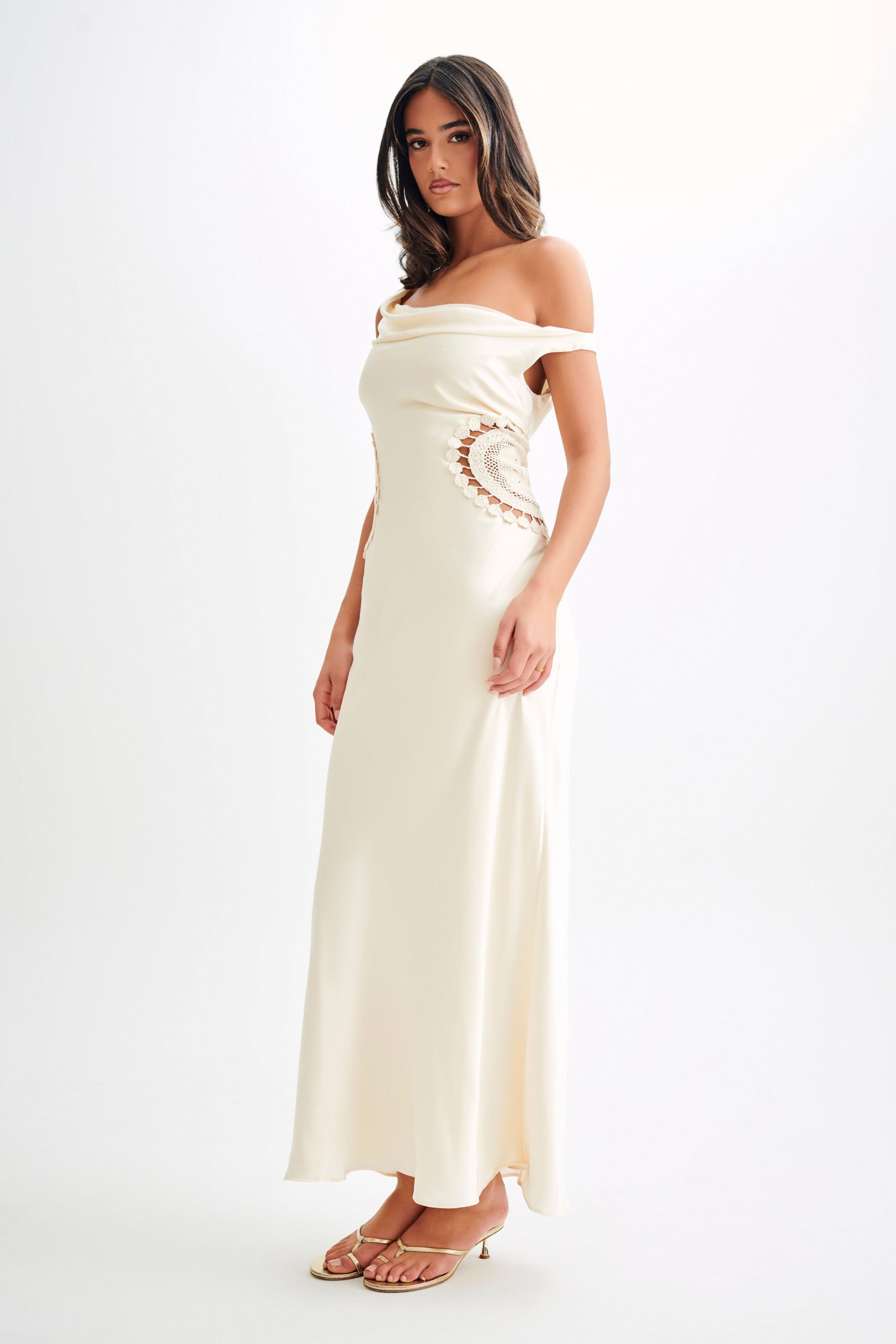 Kristina Satin Maxi Dress With Crochet - Ivory #4