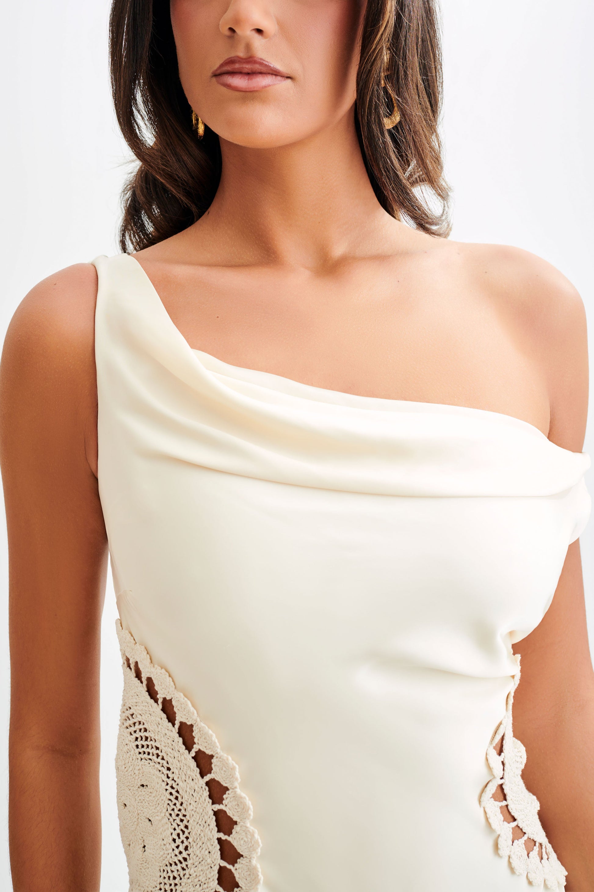Kristina Satin Maxi Dress With Crochet - Ivory #3