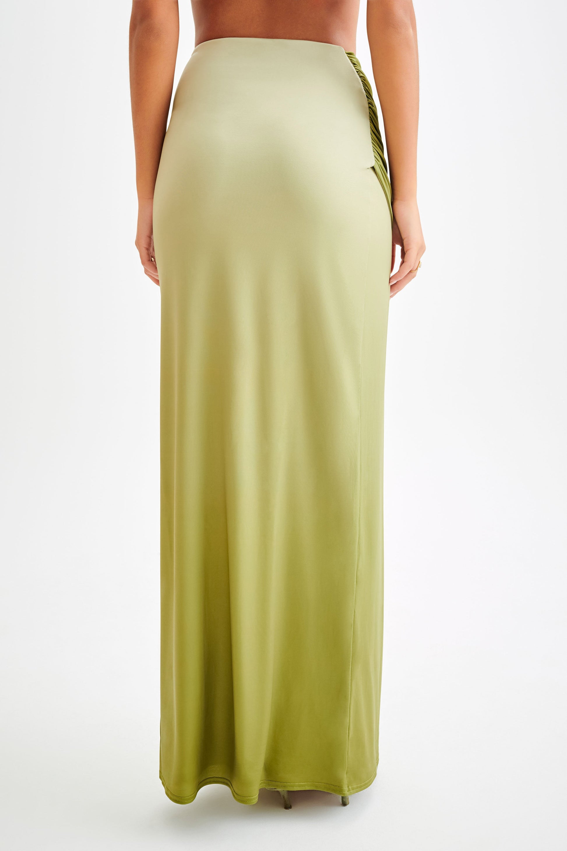 Bronwyn Slinky Ruched Maxi Skirt With Split - Ombre Vintage Olive #4