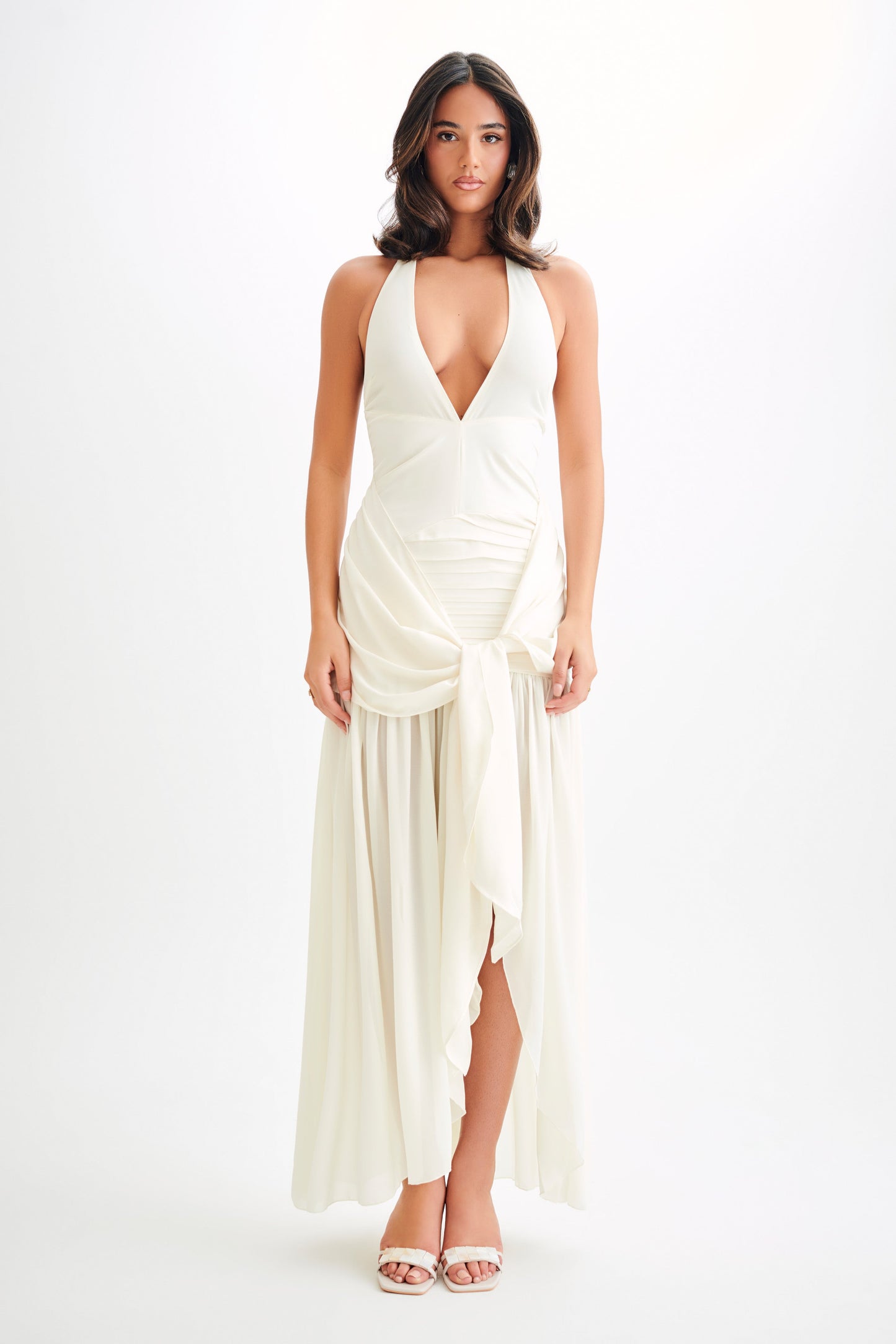 Graziana Satin Chiffon Plunge Maxi Dress - Ivory