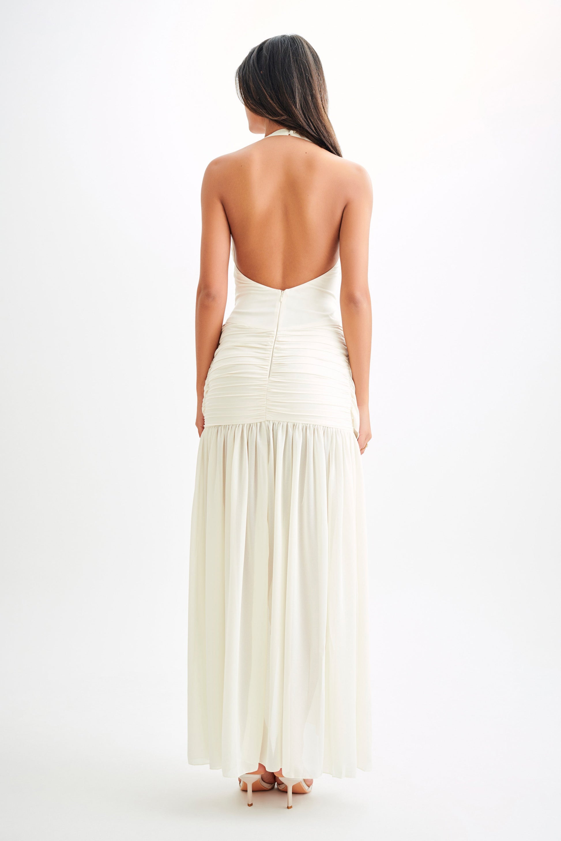 Graziana Satin Chiffon Plunge Maxi Dress - Ivory #8