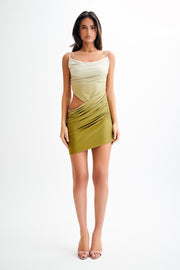 Nellie Cowl Draped Slinky Mini Dress - Ombre Vintage Olive