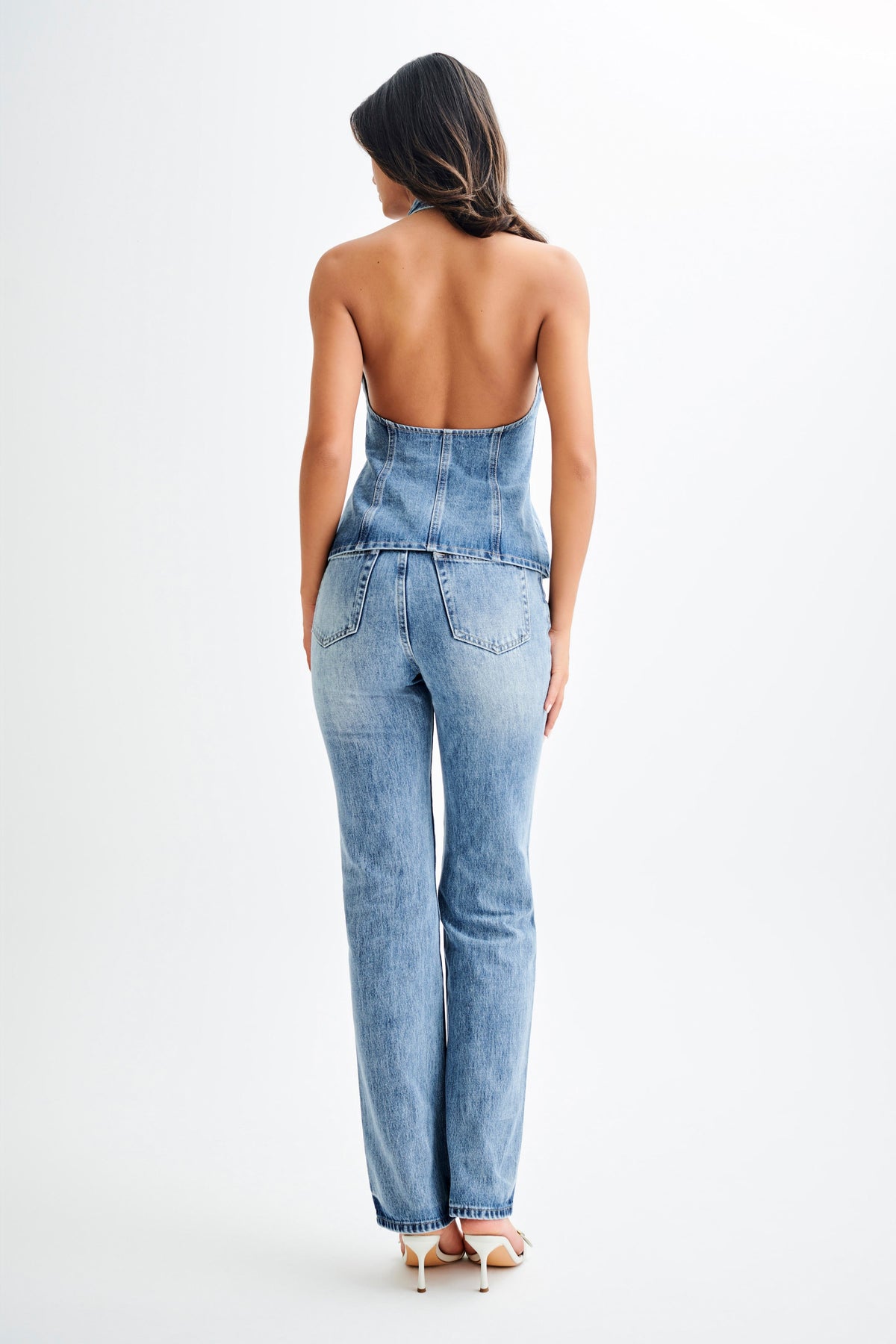India Button Front Halter Denim Longline Top - Washed Mid Blue #8