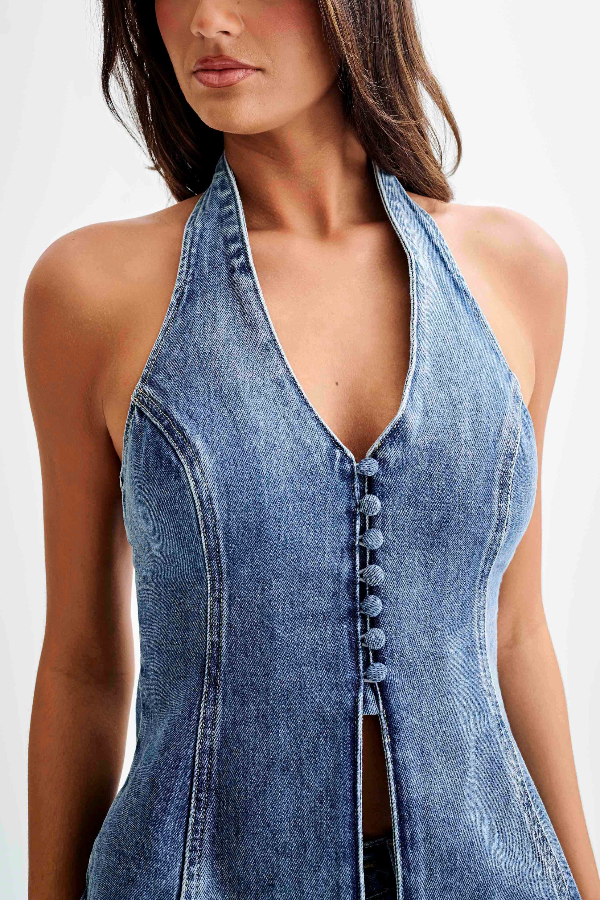 India Button Front Halter Denim Longline Top - Washed Mid Blue #2