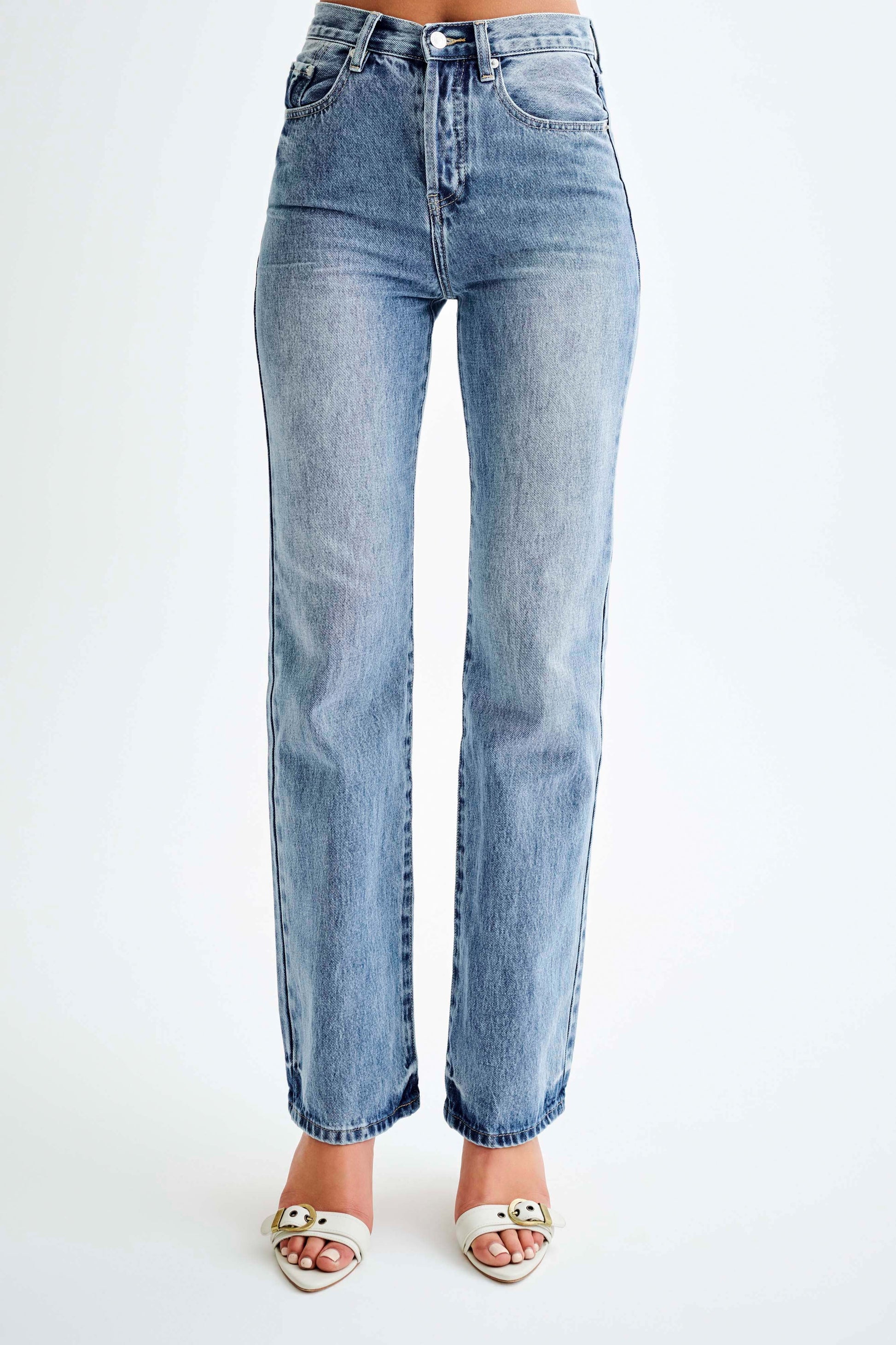 Janine High Waisted Straight Leg Jeans - Washed Mid Blue #2